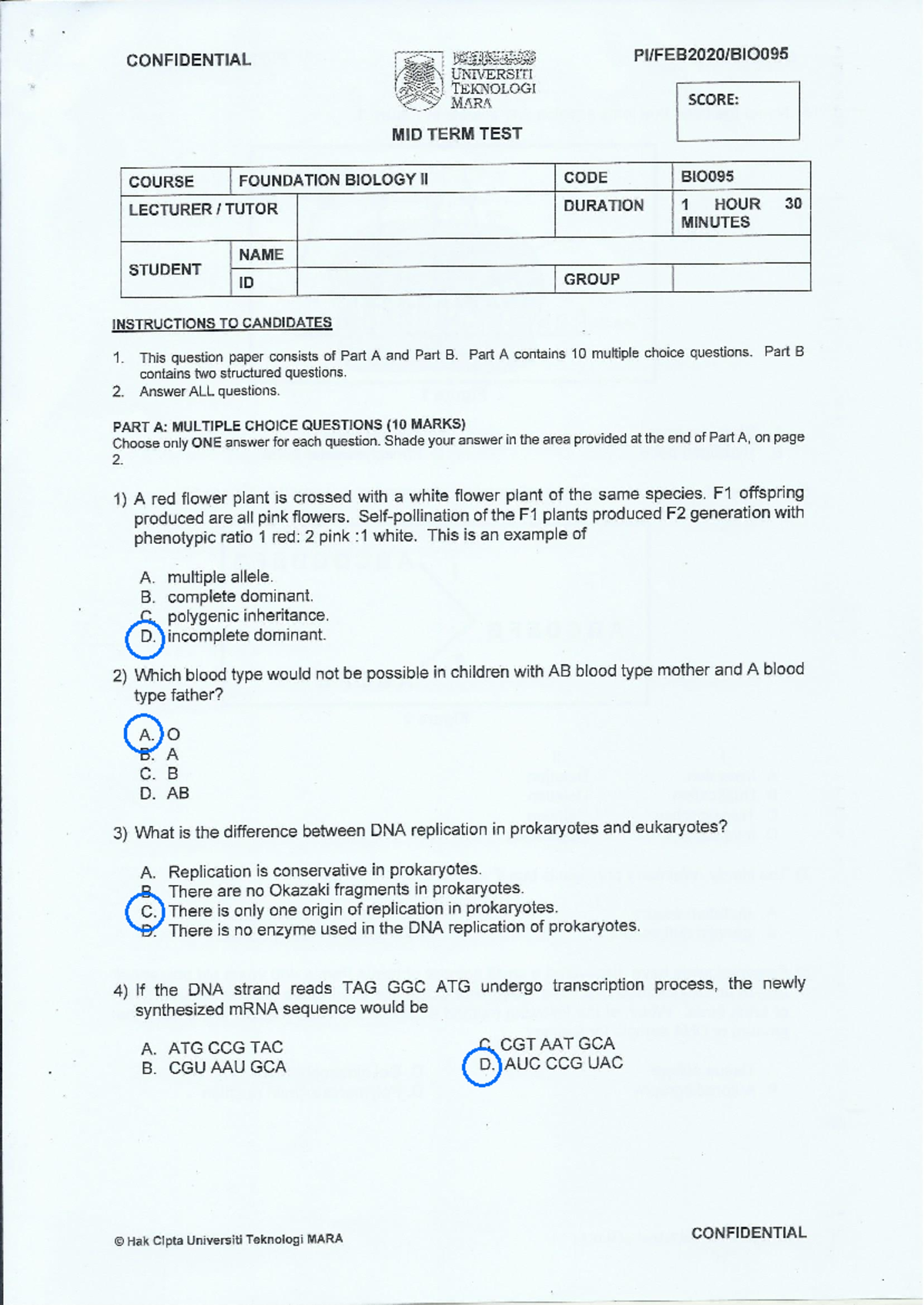 Mid Term Answer BIO095 2019 2020 - Foundation in Science - Studocu