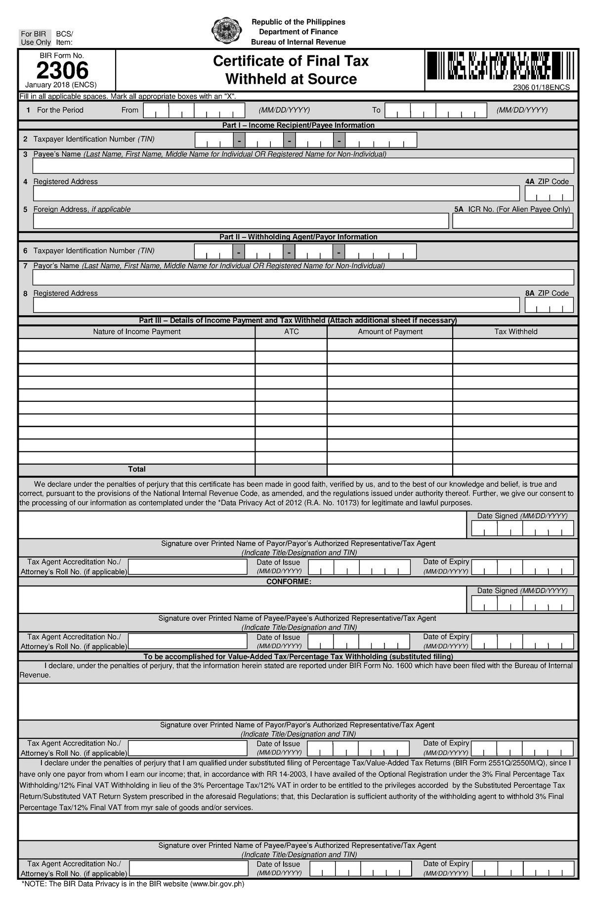 BIR Form 2306 Certificate Of FT Or VAT Withheld - Fill In All ...