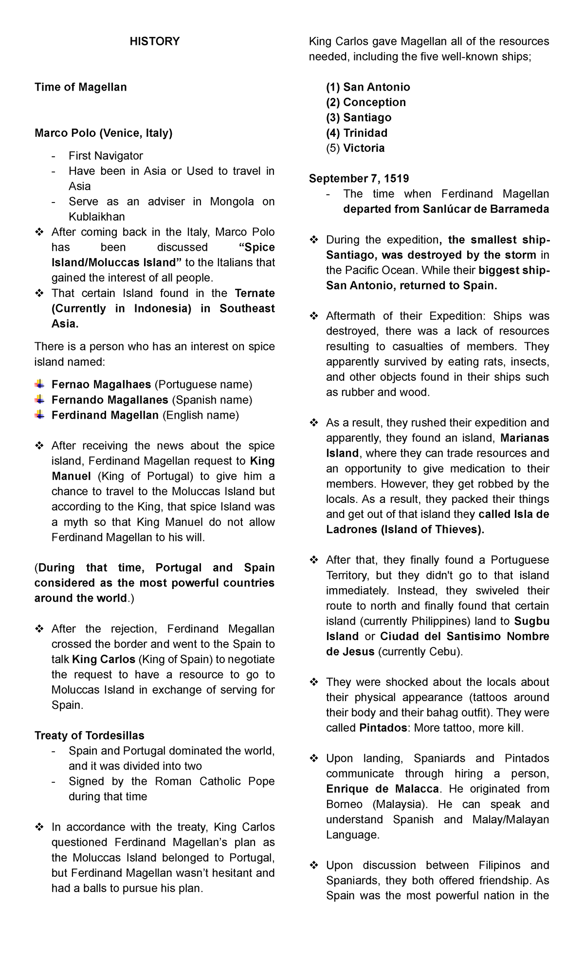 History - notes - HISTORY Time of Magellan Marco Polo (Venice, Italy ...