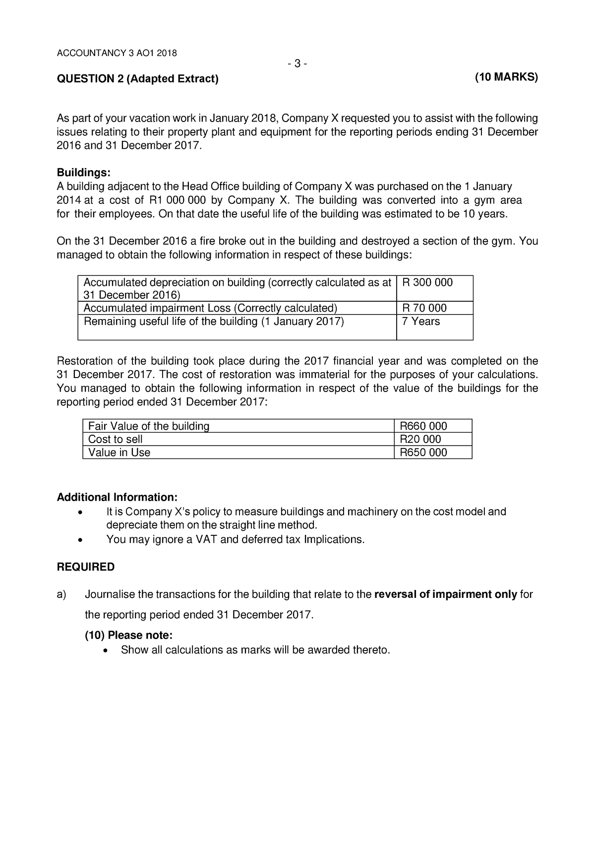 Impairment reversal question - 3 - ACCOUNTANCY 3 AO1 2018 QUESTION 2 ...