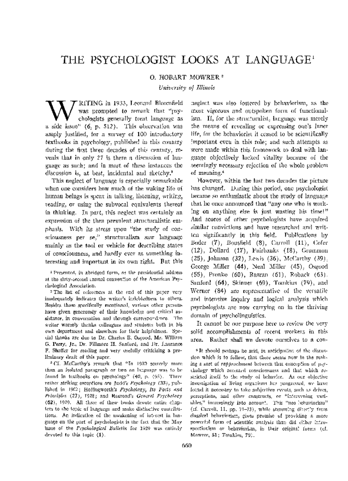 Mowrer 1954 - Algunos artículos - THE PSYCHOLOGIST LOOKS AT LANGUAGE ...