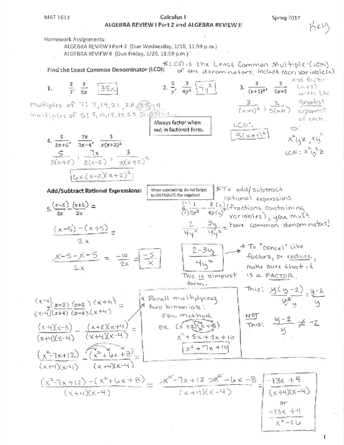 MAT 1613 Algebra Review I Part 2 And Algebra Review II Handout KEY