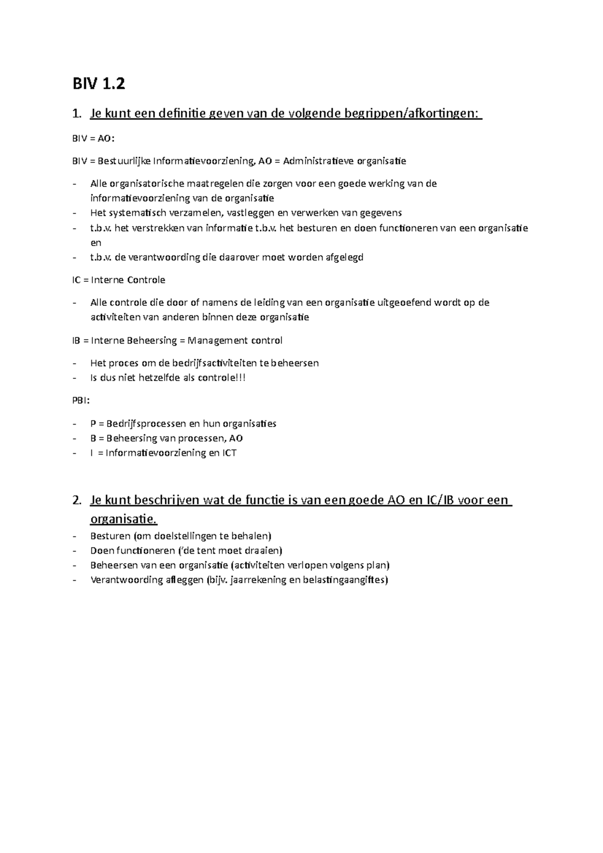 BIV 1.2 Samenvatting - Toetsmatrijs - BIV 1 1. Je Kunt Een Definitie ...