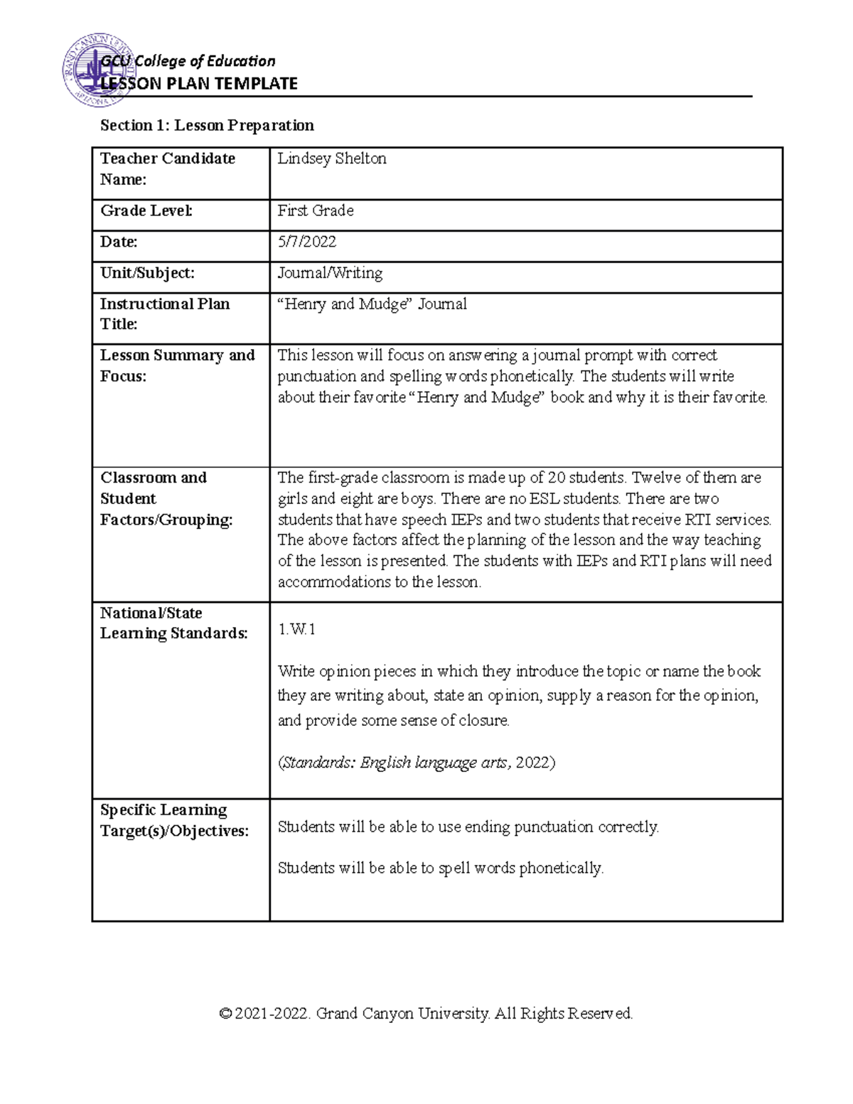 Lesson Plan: Journal Writing with Punctuation and Spelling - Studocu