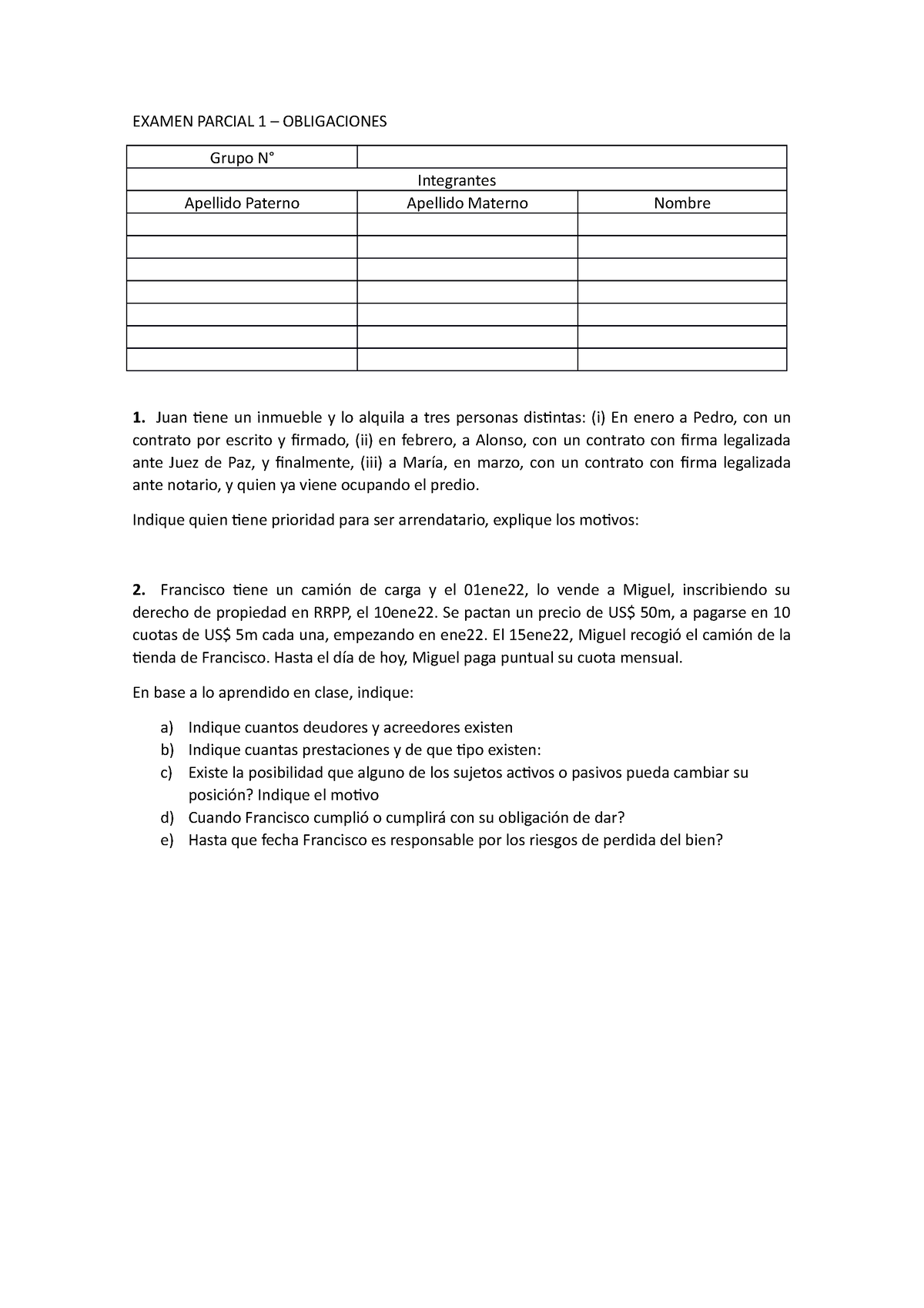 Examen Parcial 1 - DGGGGGGGGGGGGGBBB - EXAMEN PARCIAL 1 – OBLIGACIONES ...