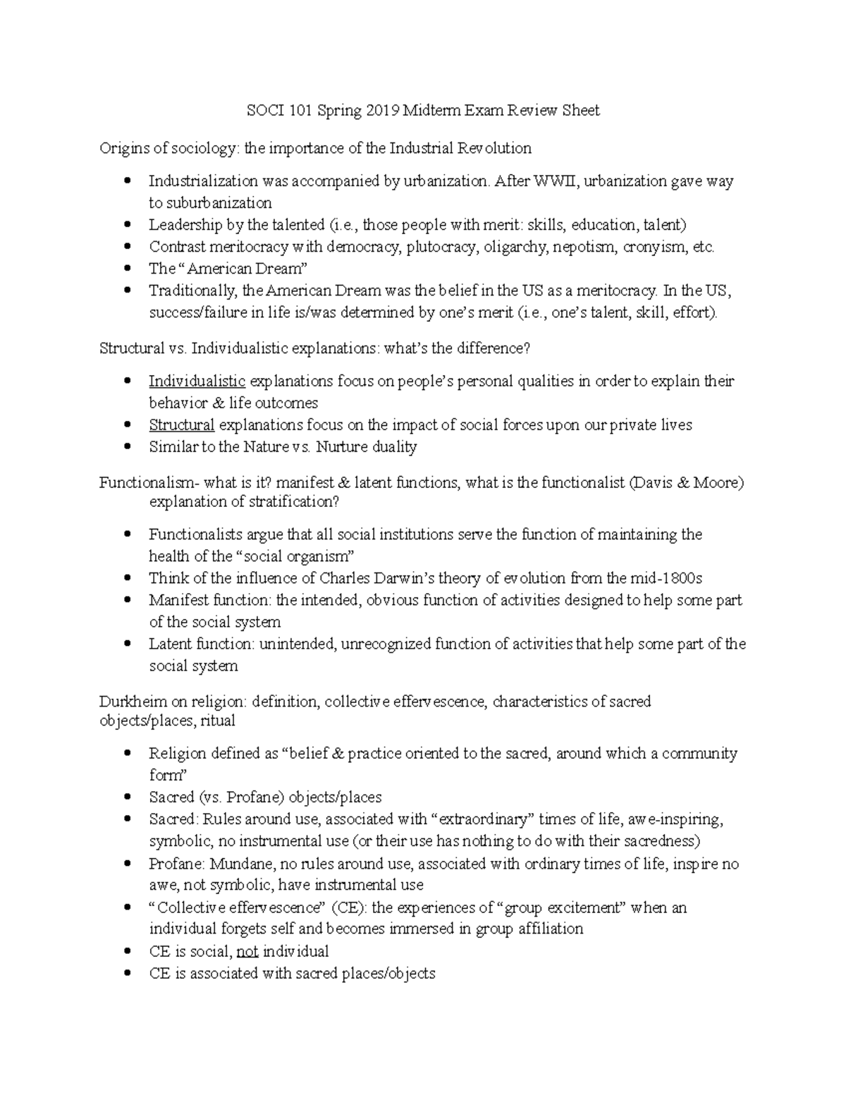 SOCI101Spring 2019 Midterm Review Sheet - SOCI 101 Spring 2019 Midterm ...