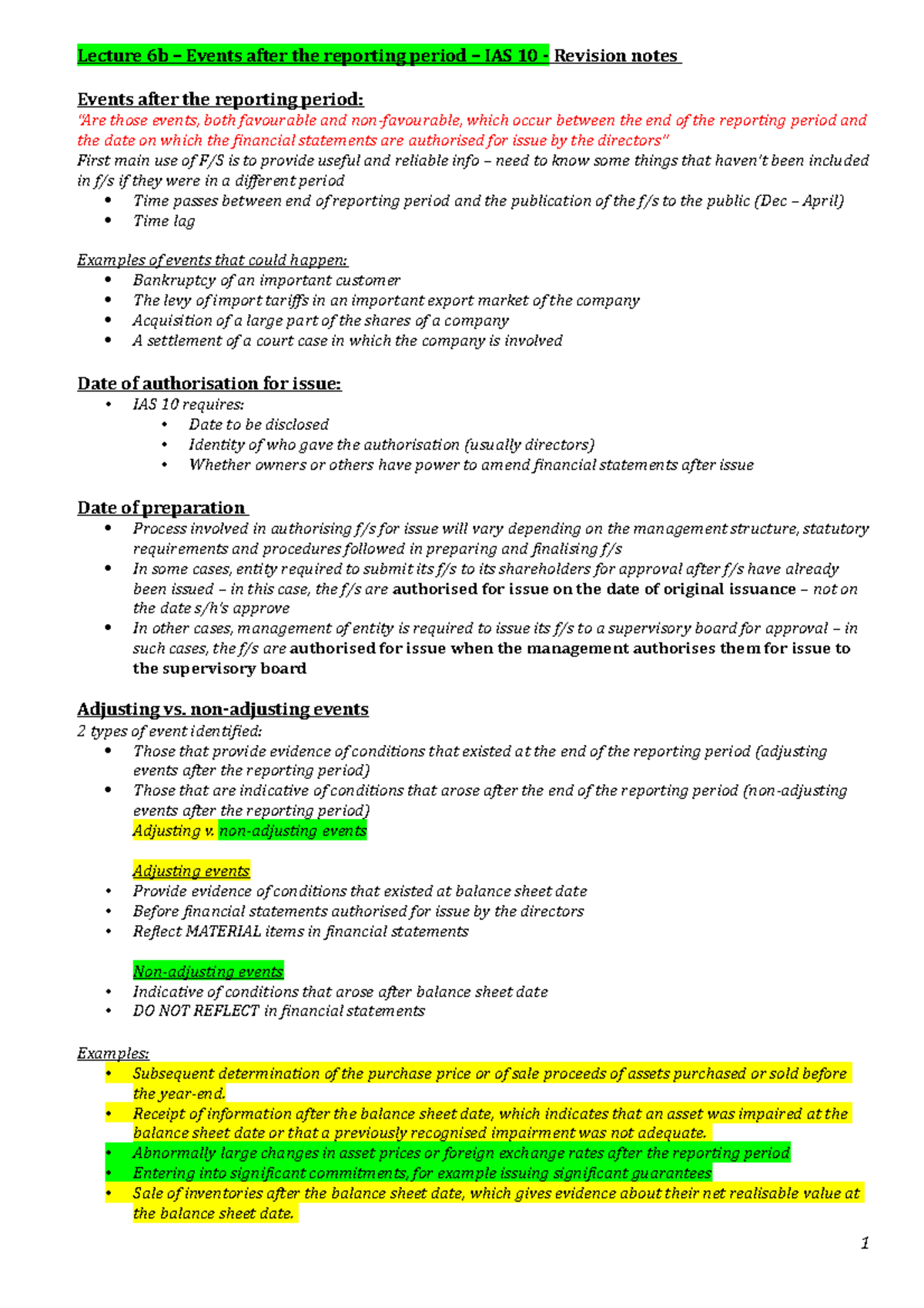 Lecture 6b Revision notes - Lecture 6b Events after the reporting ...