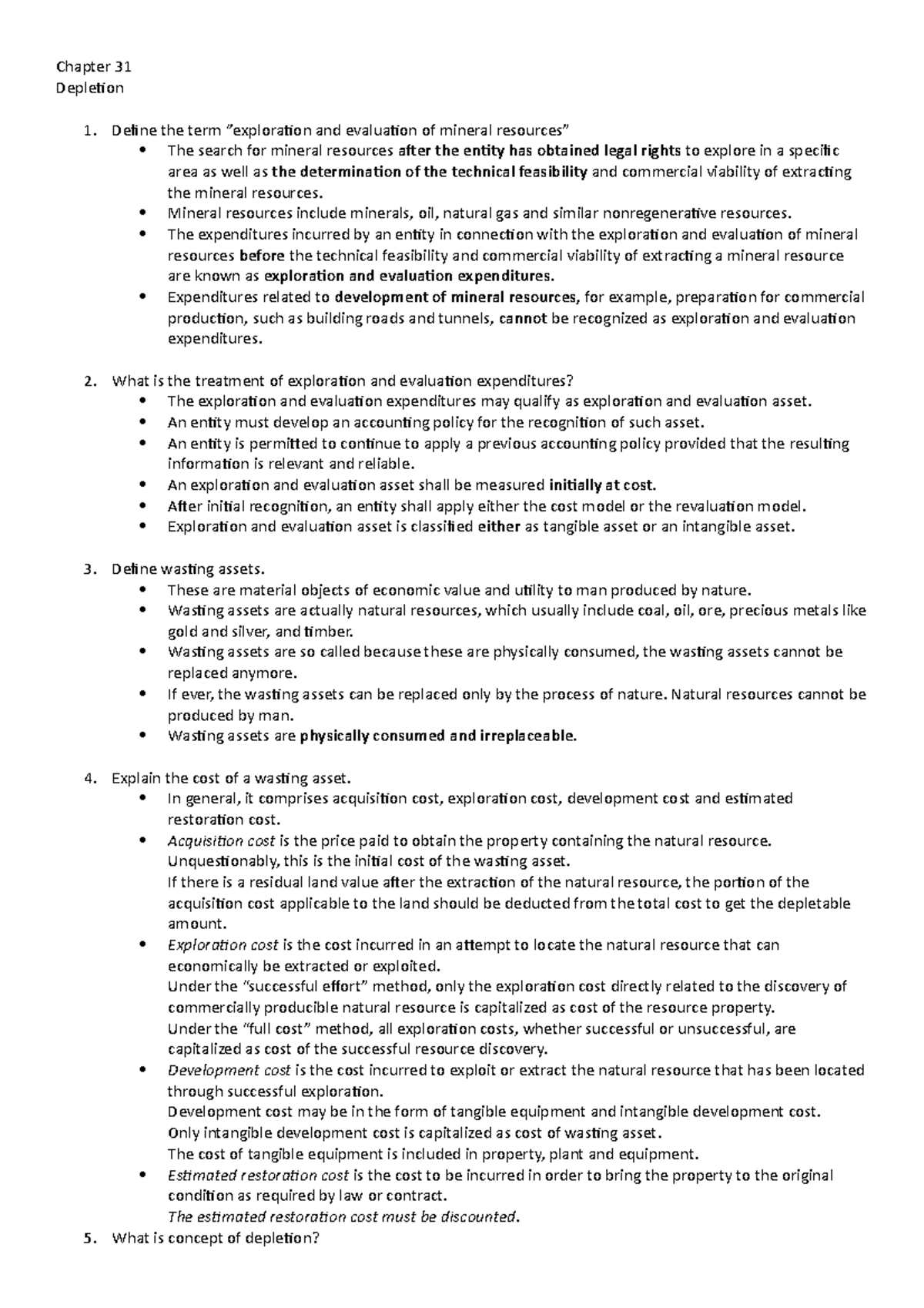 Chapter 31 - Intermediate Accounting - Chapter 31 Depletion Define the ...