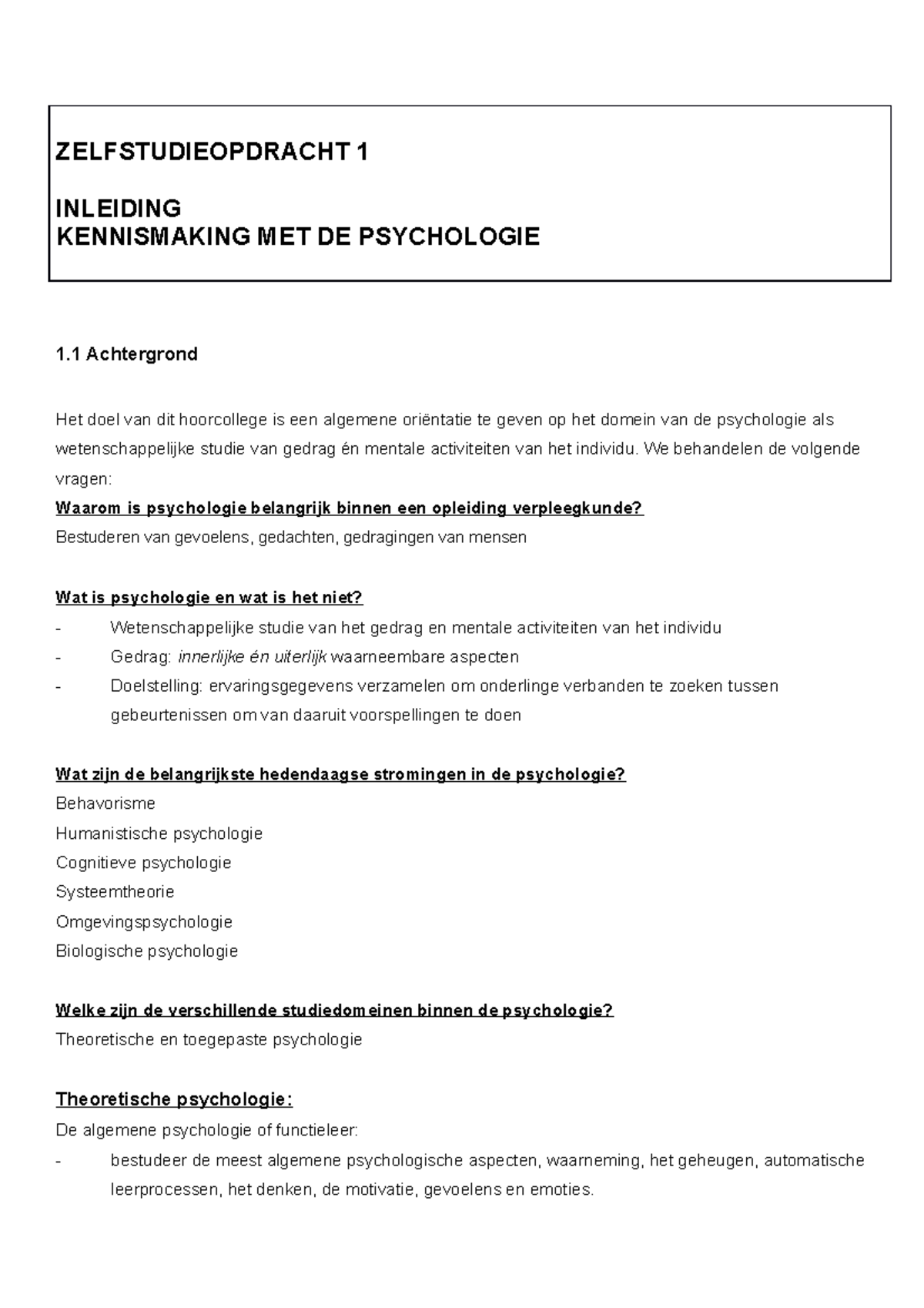 Zelfstudieopdracht 1 Inleiding Psychologie - ZELFSTUDIEOPDRACHT 1 ...