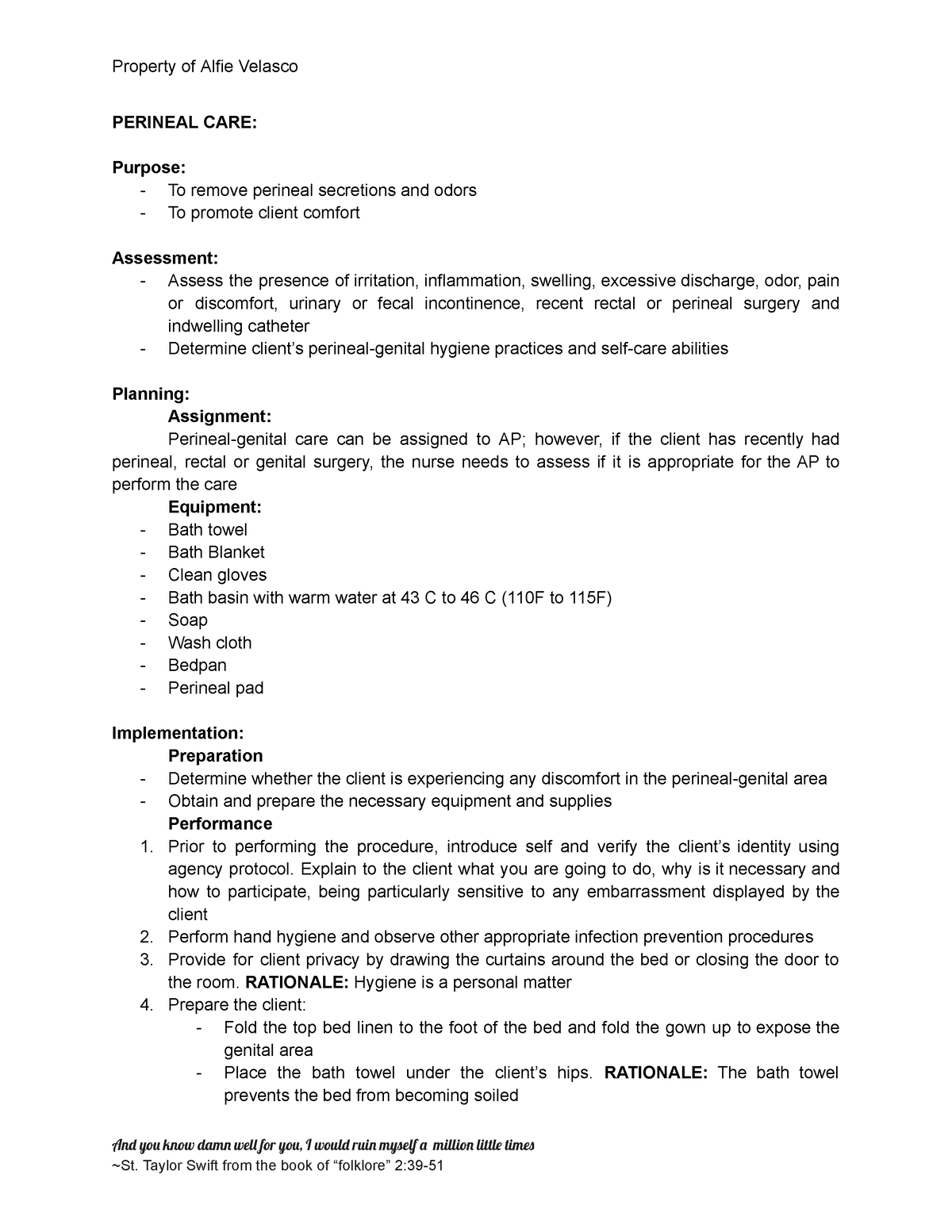 NCMA 217 Return Demo Reviewer ni Alfie Velasco - PERINEAL CARE: Purpose ...