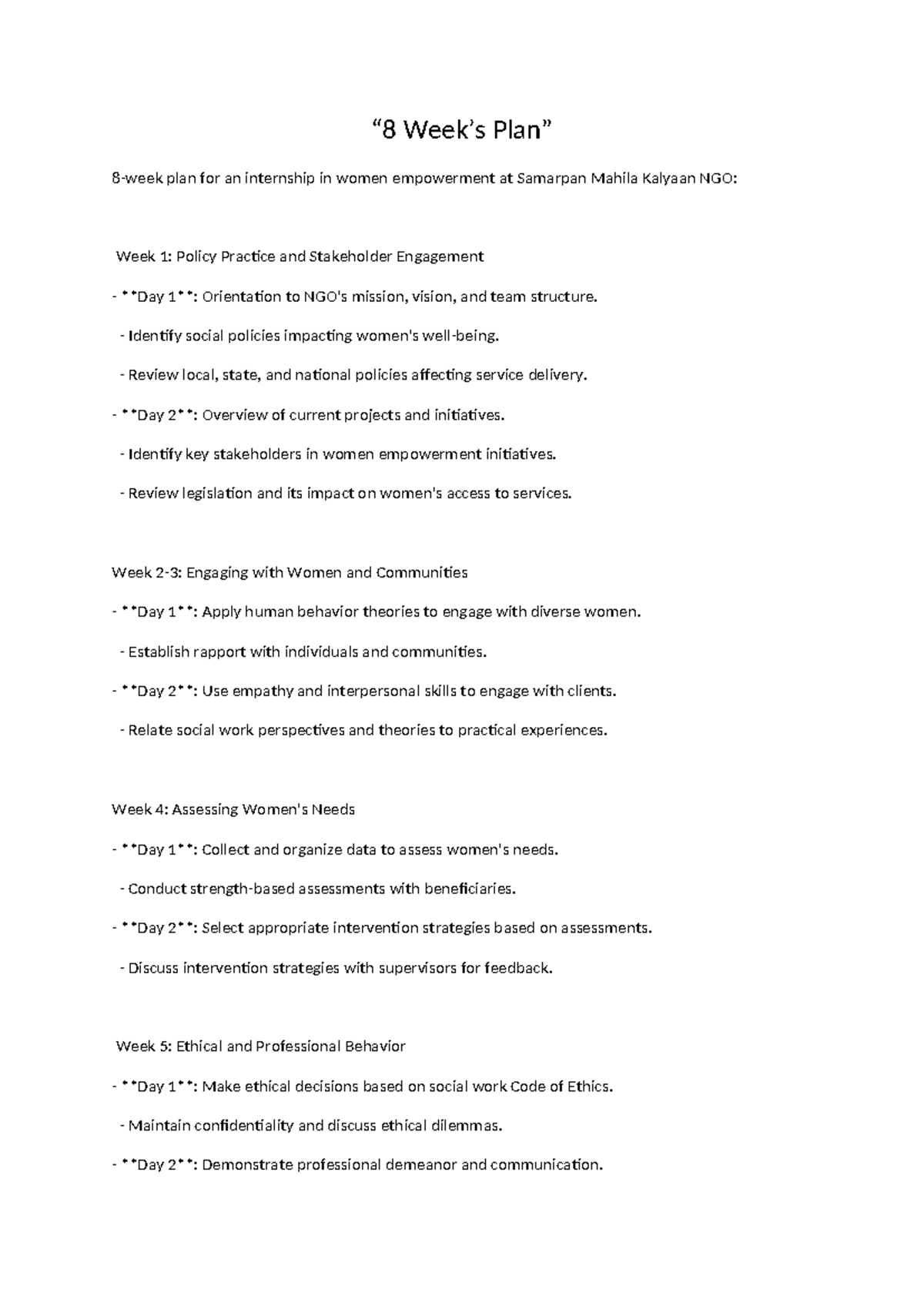 8 Week plan - jnb nm - “8 Week’s Plan” 8-week plan for an internship in ...