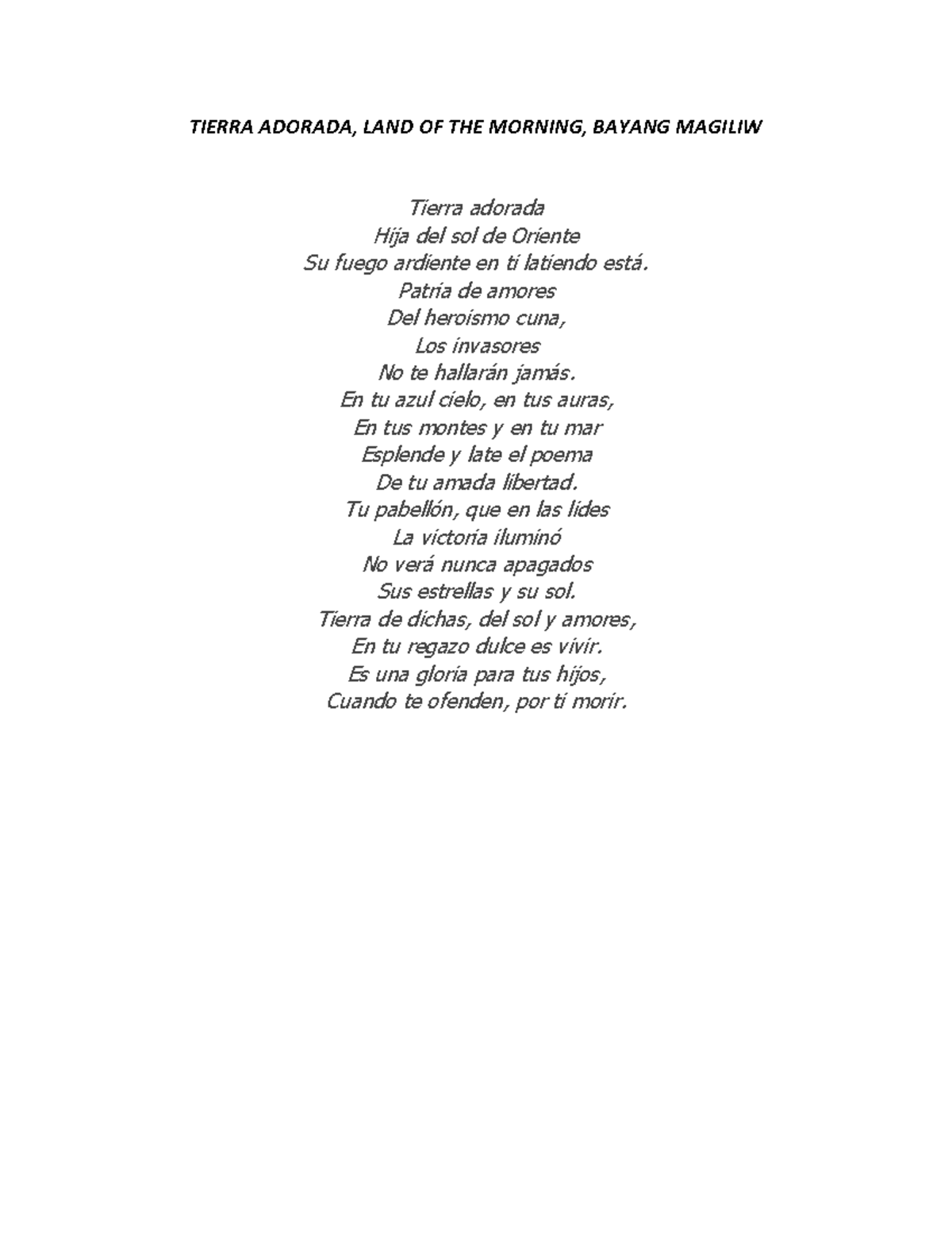 Lupang Hinirang Lyrics IN Spanish - TIERRA ADORADA, LAND OF THE MORNING