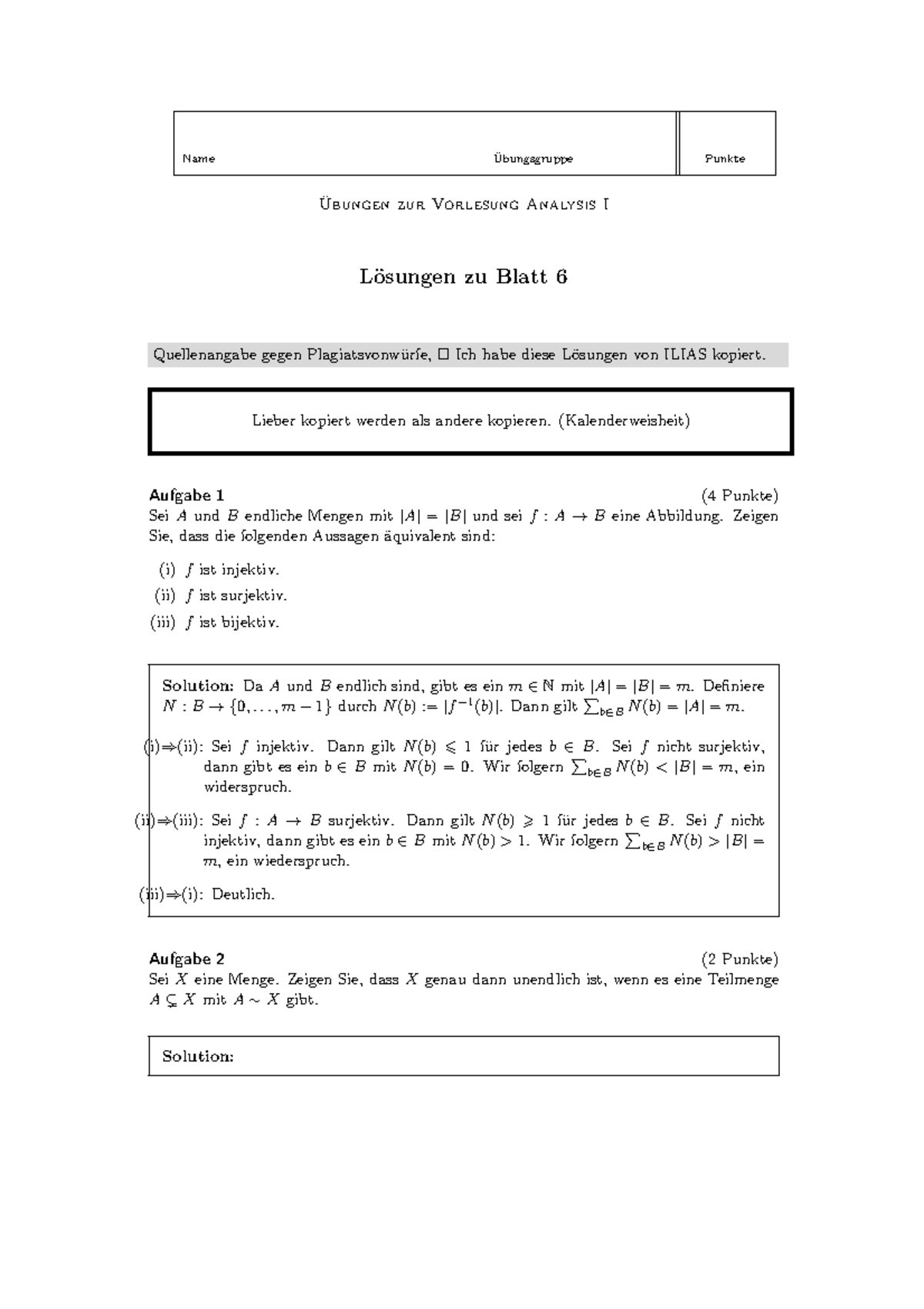 Lösungen Zu Blatt 6 Übungen Zur Vorlesung Analysis I Name Übungsgruppe Punkte Übungen Zur