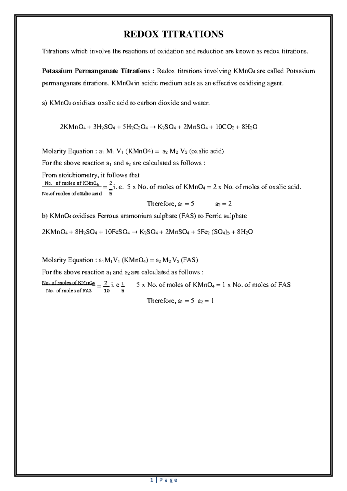 Lab manual 12 Class 12 REDOX TITRATIONS Titrations which involve