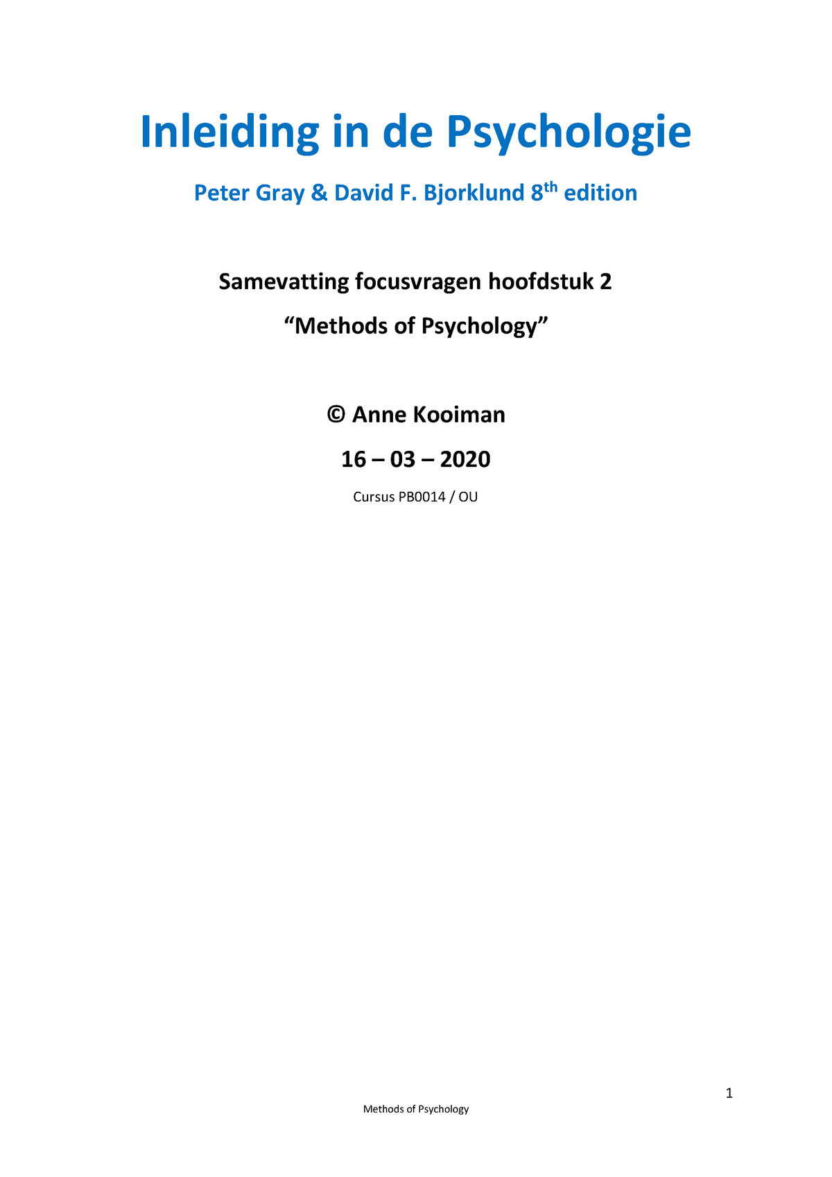 Inleiding In De Psychologie Peter Gray & David F. Bjorklund 8th Edition ...