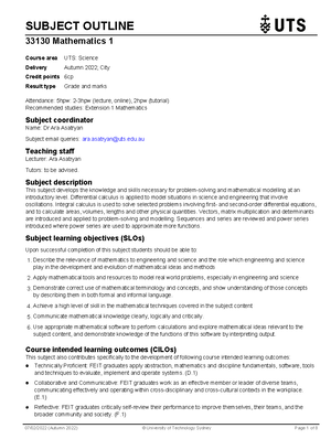 Math Model 1 Subject Outline - SUBJECT OUTLINE 33130 Mathematical ...