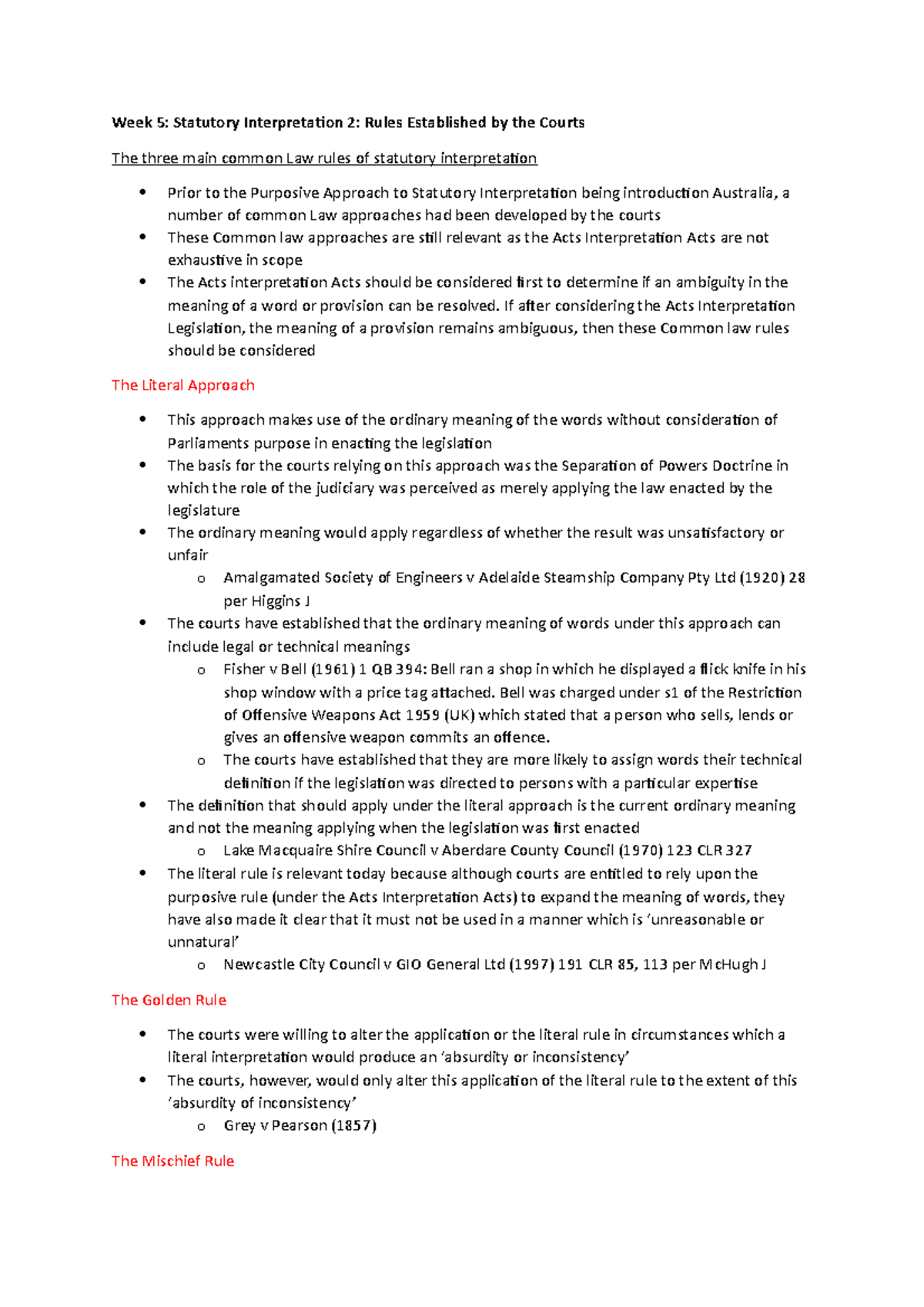 Foundations of Law lec notes week 7 - Week 5: Statutory Interpretation ...