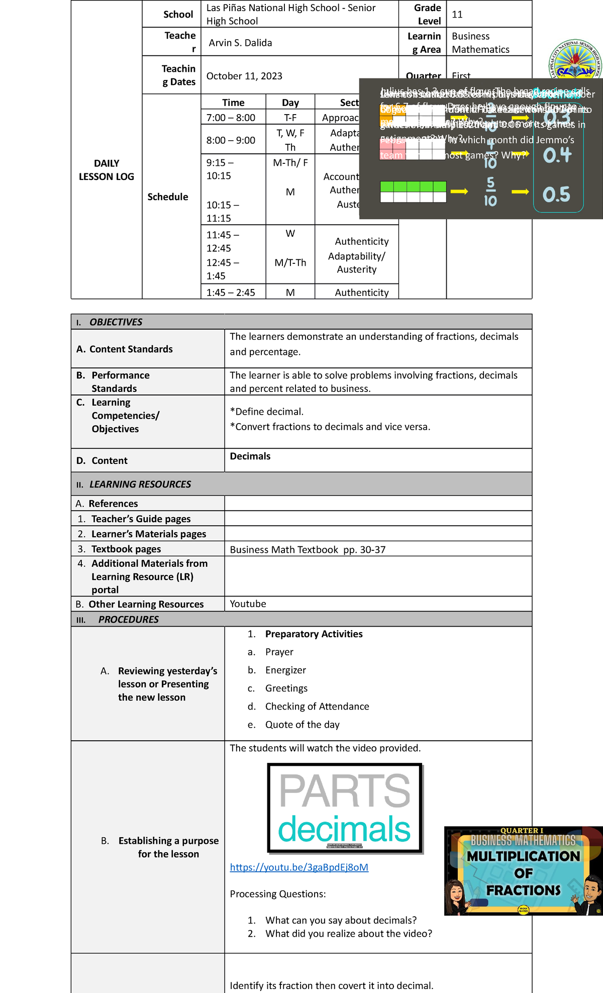 DLL Bus.Math October 11, 2023 Q1 Week 7 - DAILY LESSON LOG School Las ...