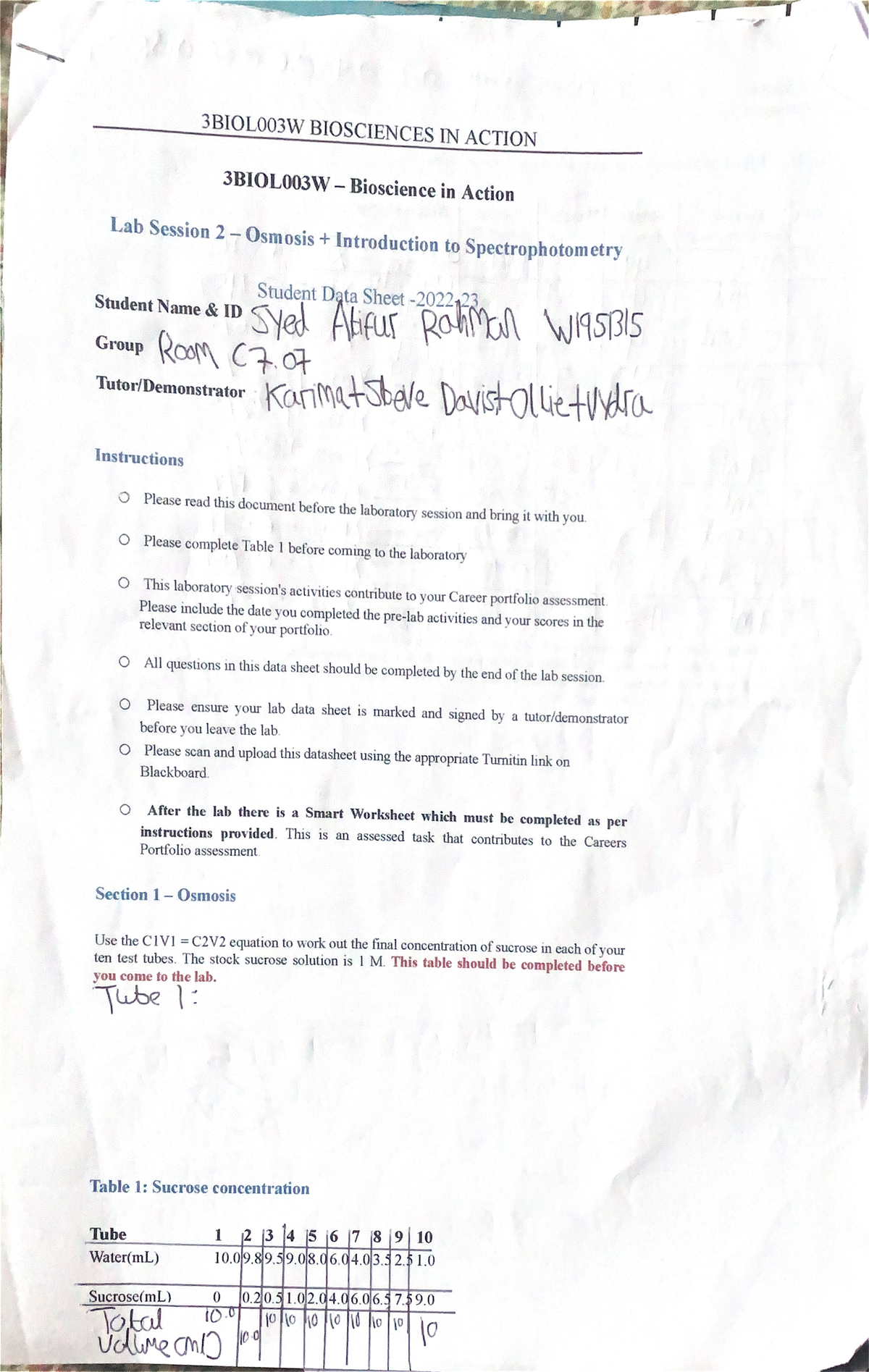 3BIOL003W Bioscience in Action Lab Session 2- Osmosis and Introduction ...