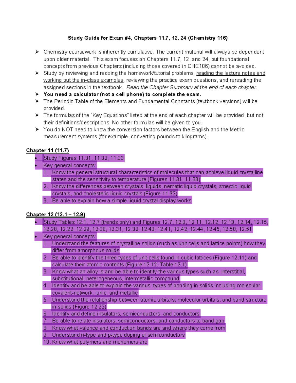 Study Guide for Exam 4 2018 - Study Guide for Exam Chapters 11, 12, 24 ...