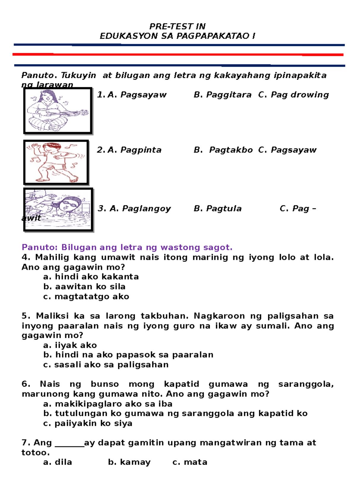 PRE-TEST ESP 1 - TEST - PRE-TEST IN EDUKASYON SA PAGPAPAKATAO I Panuto ...