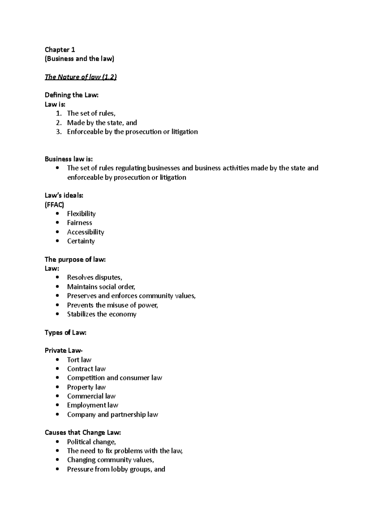 Commerical Law 1-4 - Lecture notes 1,2,3.4 - Chapter 1 (Business and ...