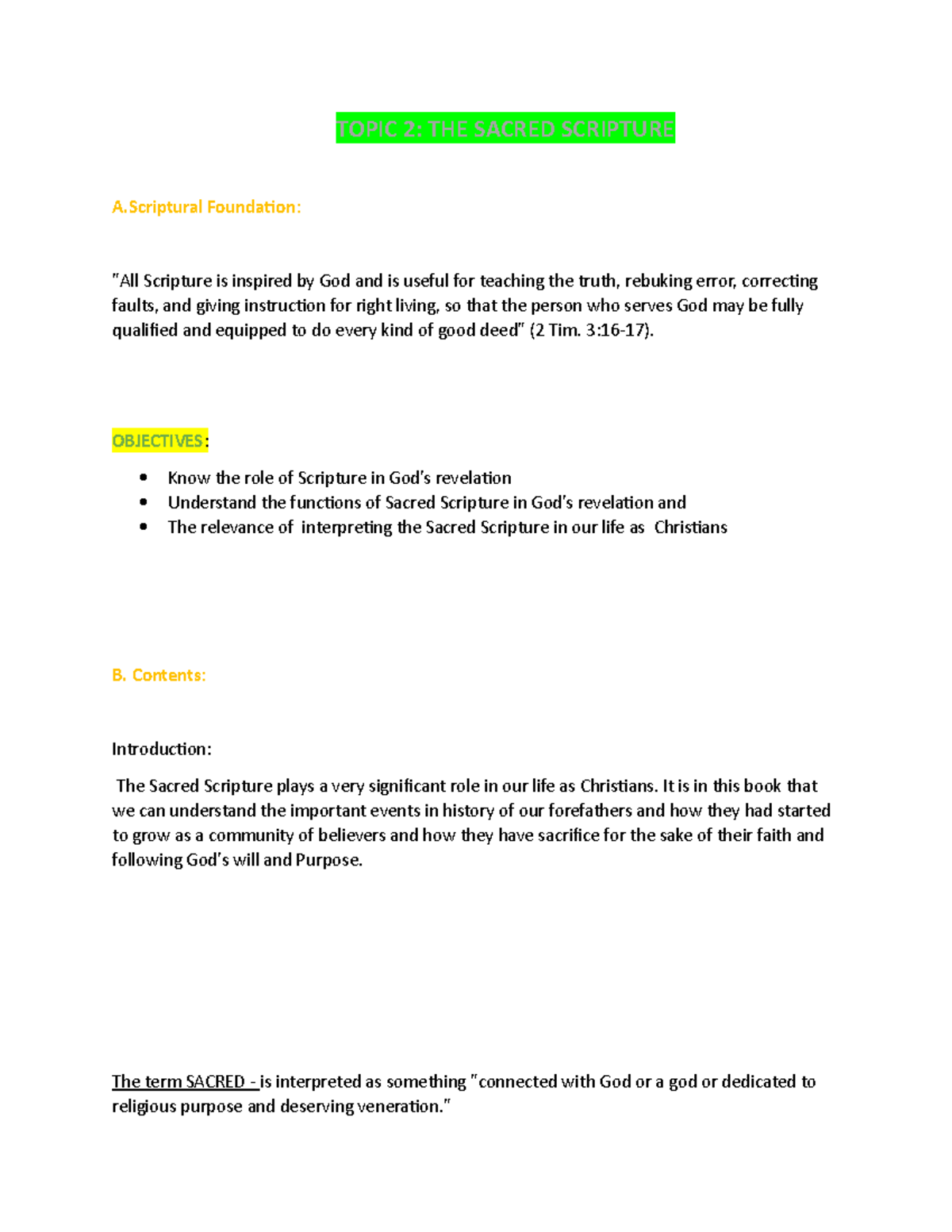 PART1THE Sacred Scripture - TOPIC 2: THE SACRED SCRIPTURE A Foundation ...