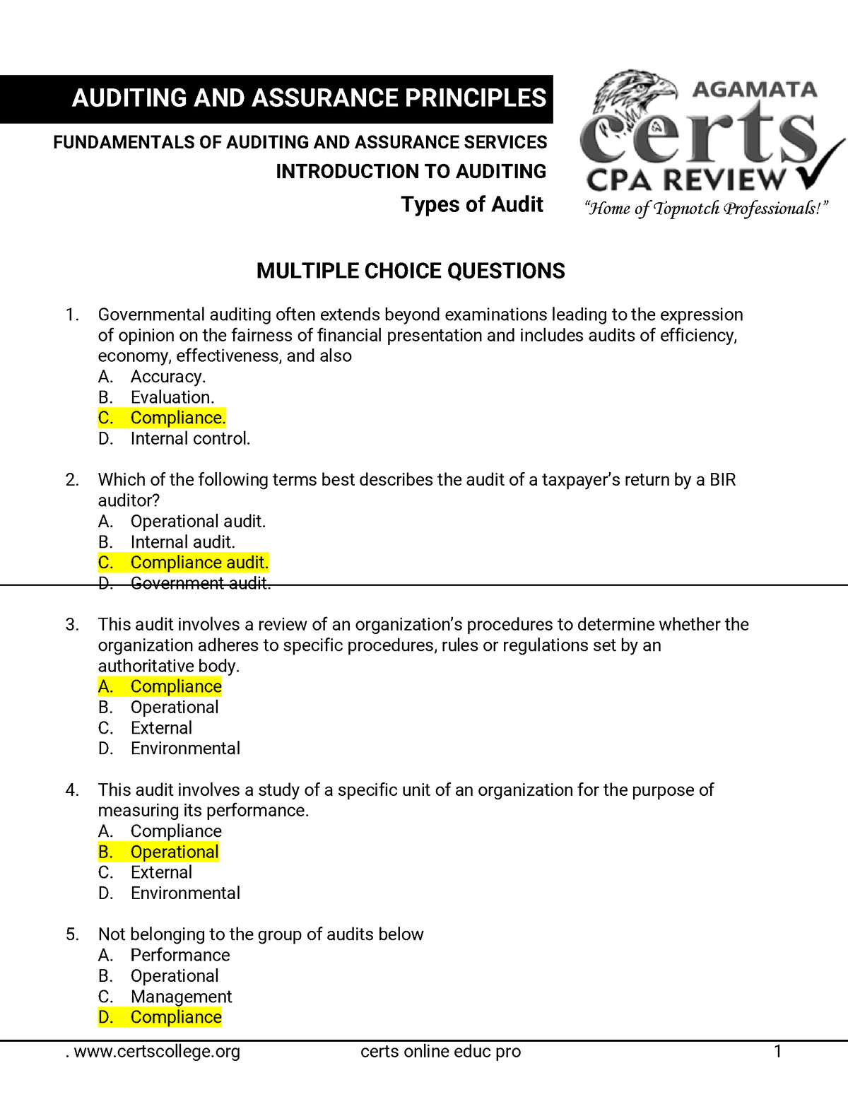 Types Of Audit - . Certscollege Certs Online Educ Pro 1 MULTIPLE CHOICE ...