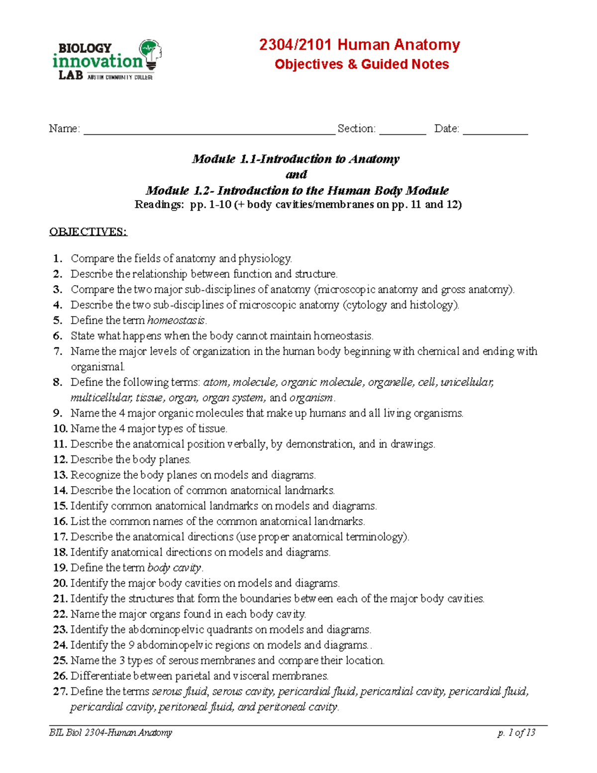 Intro to Anatomy Objectives and Notes 2304/2101 Human Anatomy