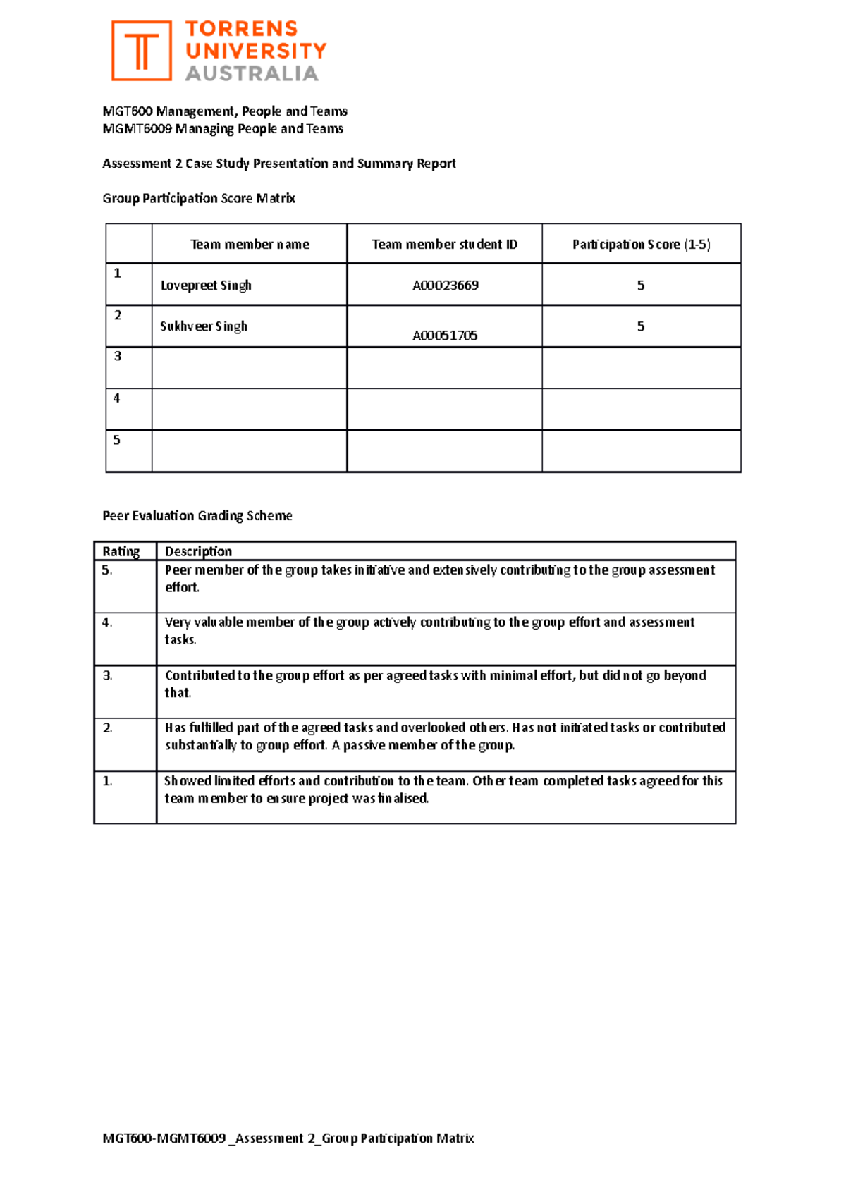 MGT600-MGMT6009 Assessment 2 Group Participation Matrix Final - MGT600 ...