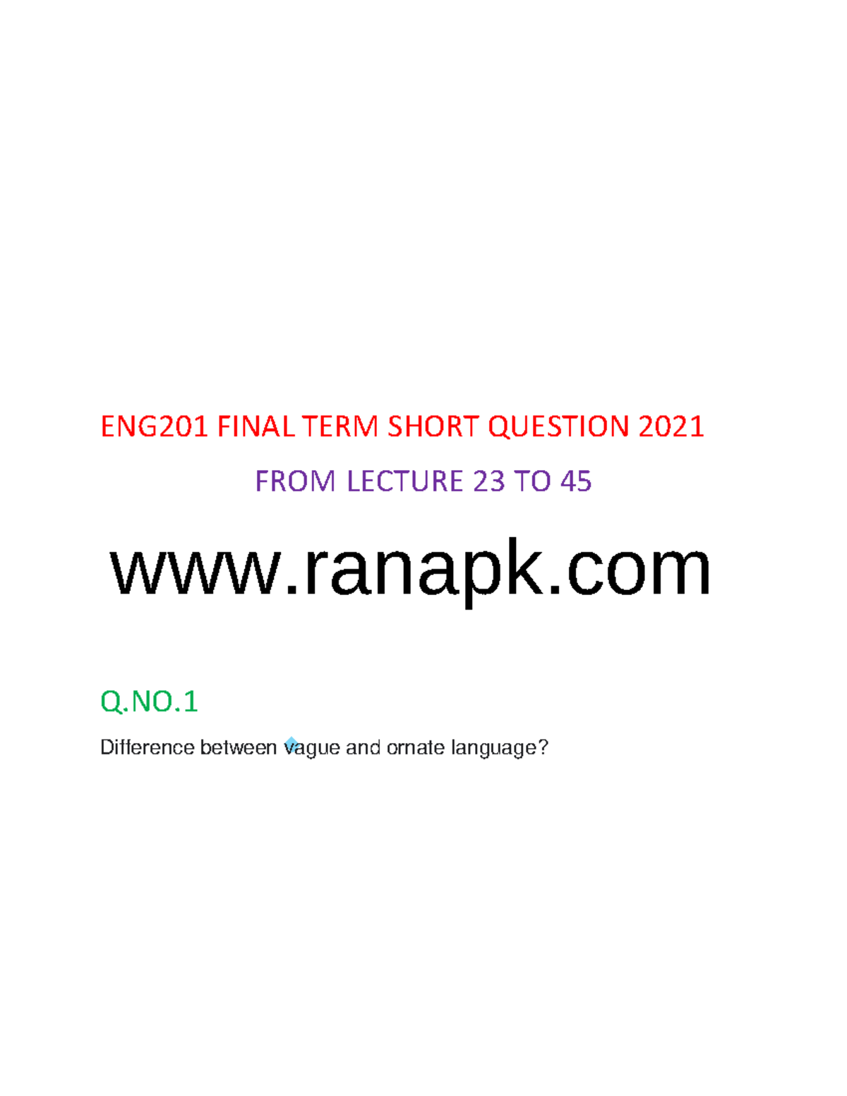 ENG201 Final TERM Short Question 2021 - Business Communication - VU ...