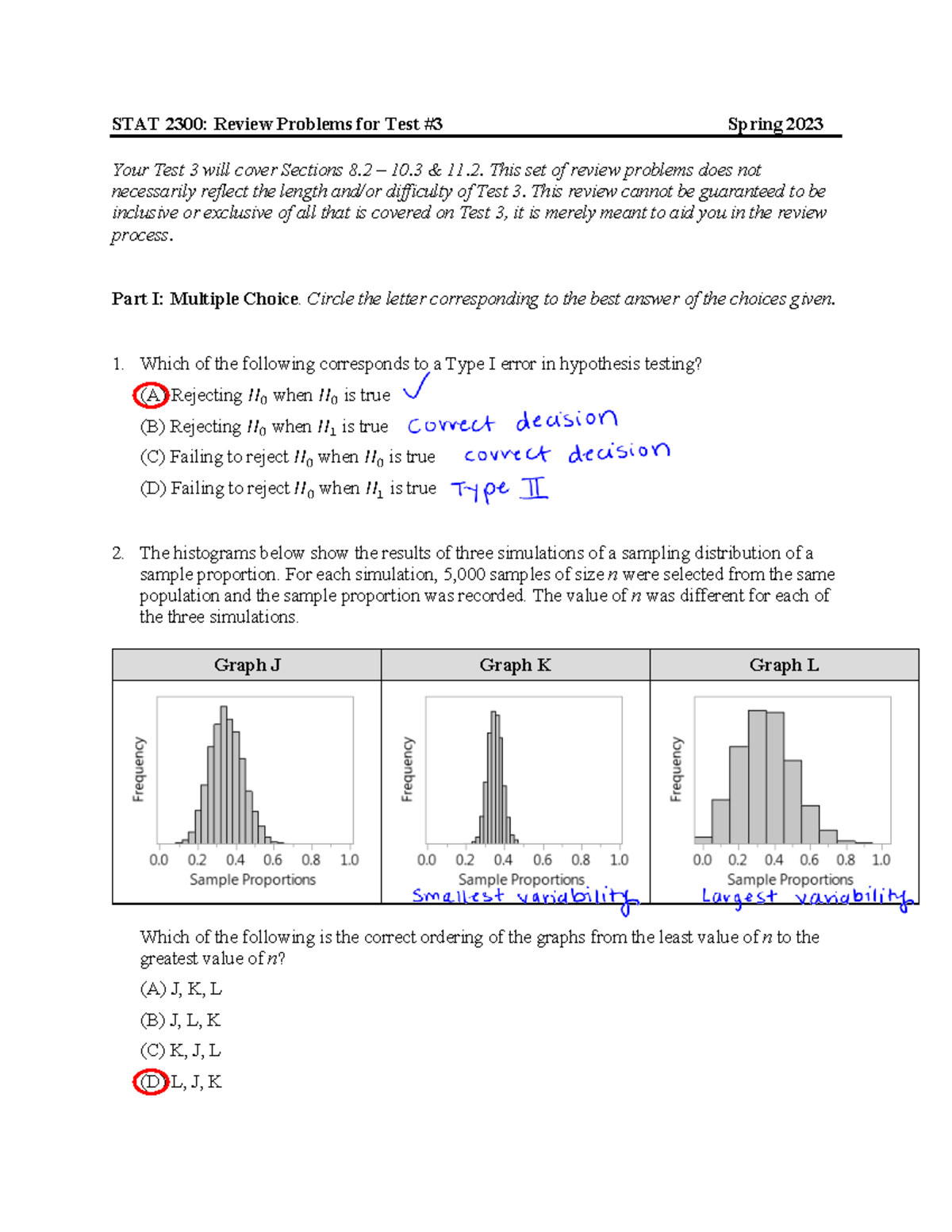 STAT 2300 Test 3 Review S23- Solutions - STAT 2300: Review Problems for ...