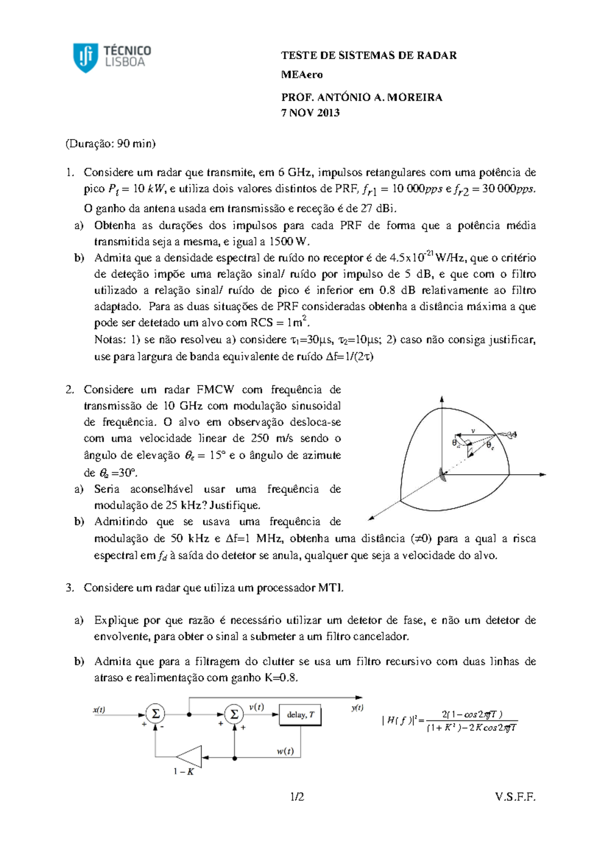 Srad 13 14 1º Teste Com Resolução Teste De Sistemas De Radar Meaero Prof AntÓnio A Moreira 9377