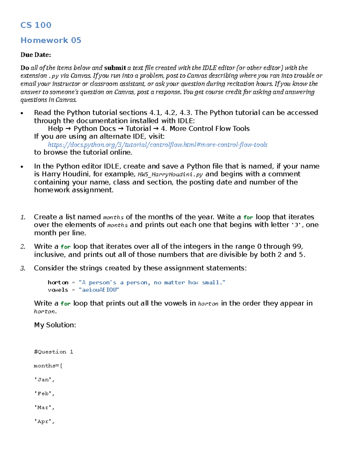 HW 5 Solution - for Loop - Homework testing student's ability to use a ...