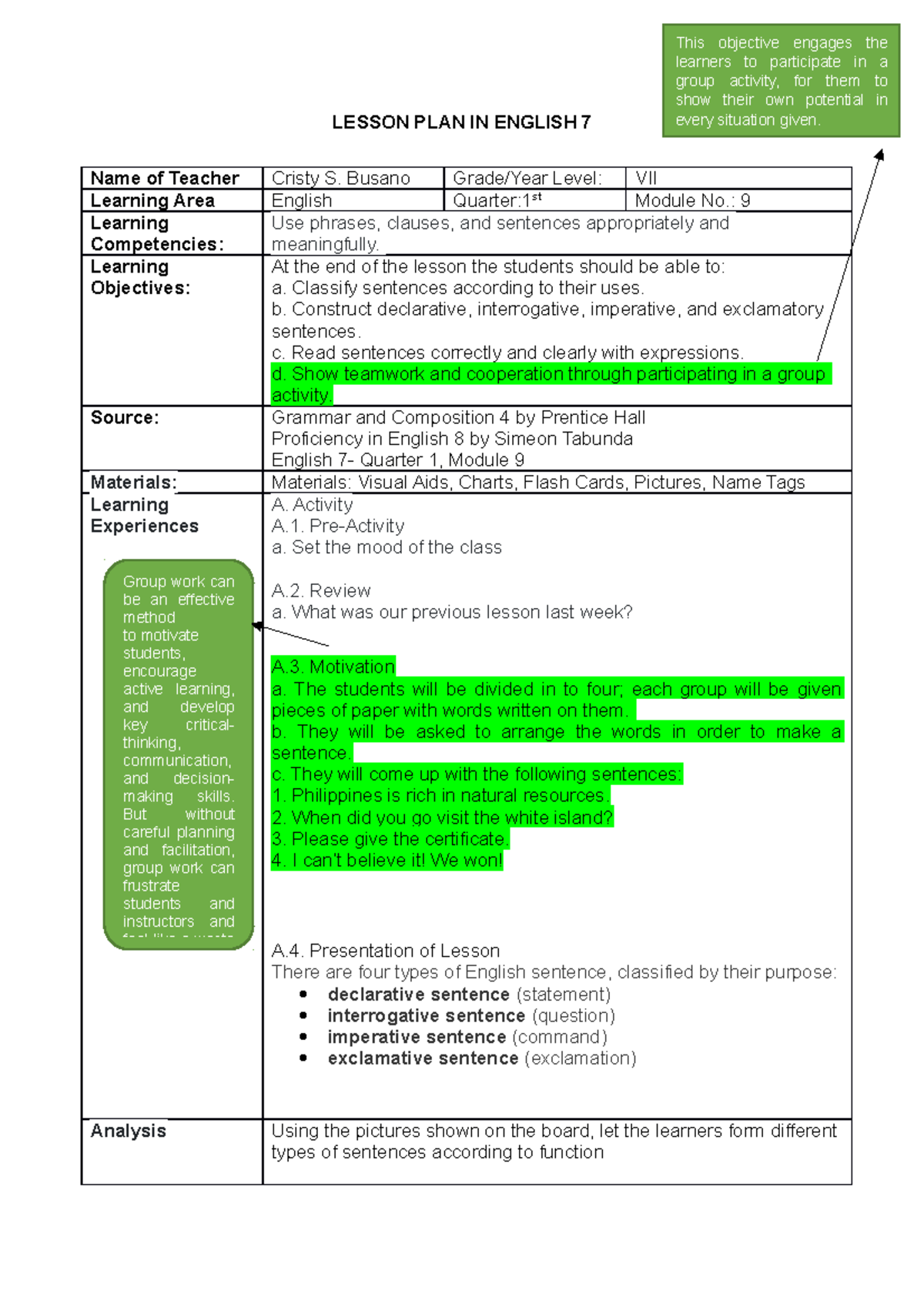 Five Types Of Lesson Plan