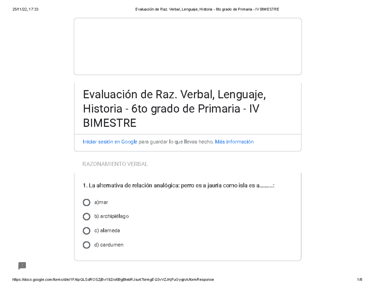 Evaluación de Raz. Verbal, Lenguaje, Historia - 6to grado de Primaria