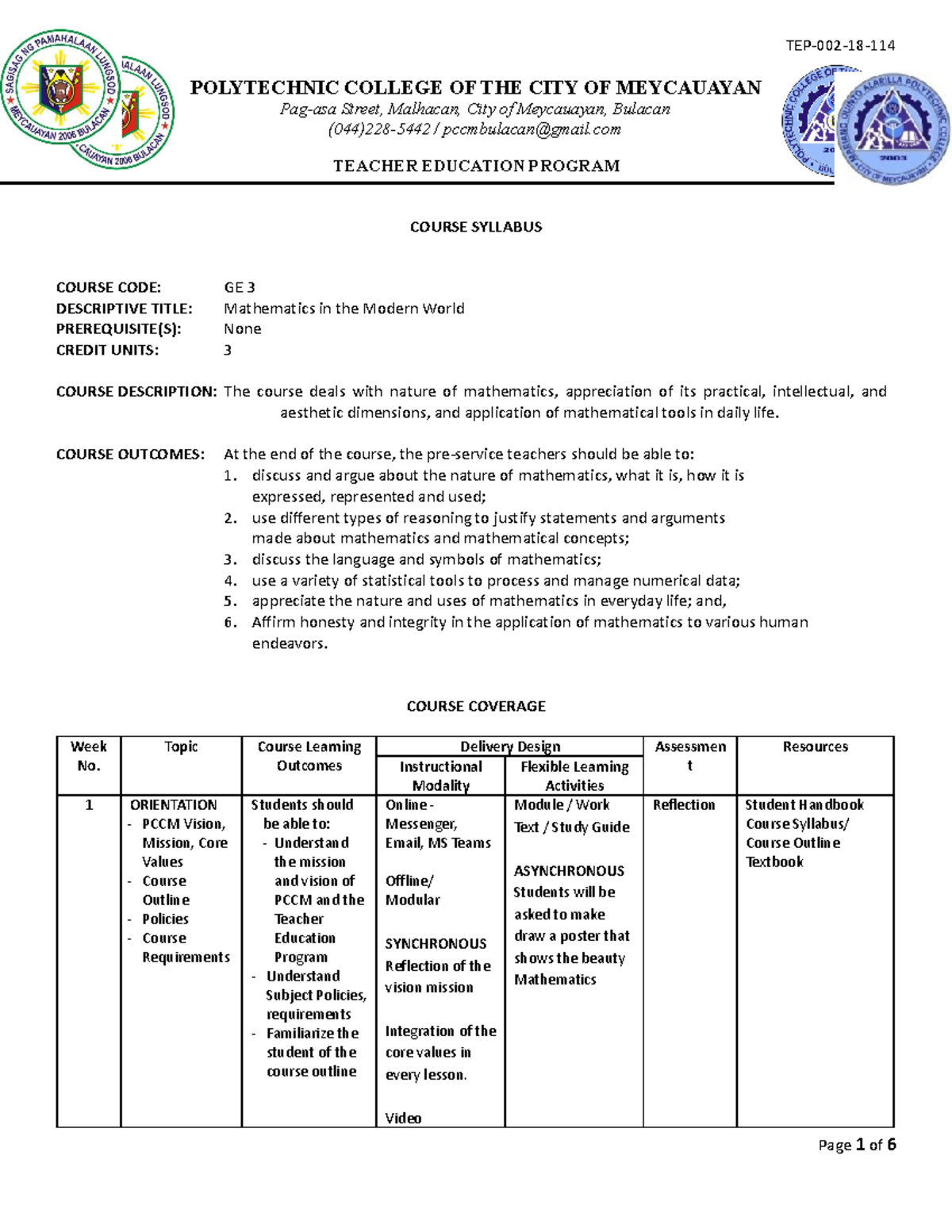 Course Syllabus GE3 MMW - POLYTECHNIC COLLEGE OF THE CITY OF MEYCAUAYAN ...