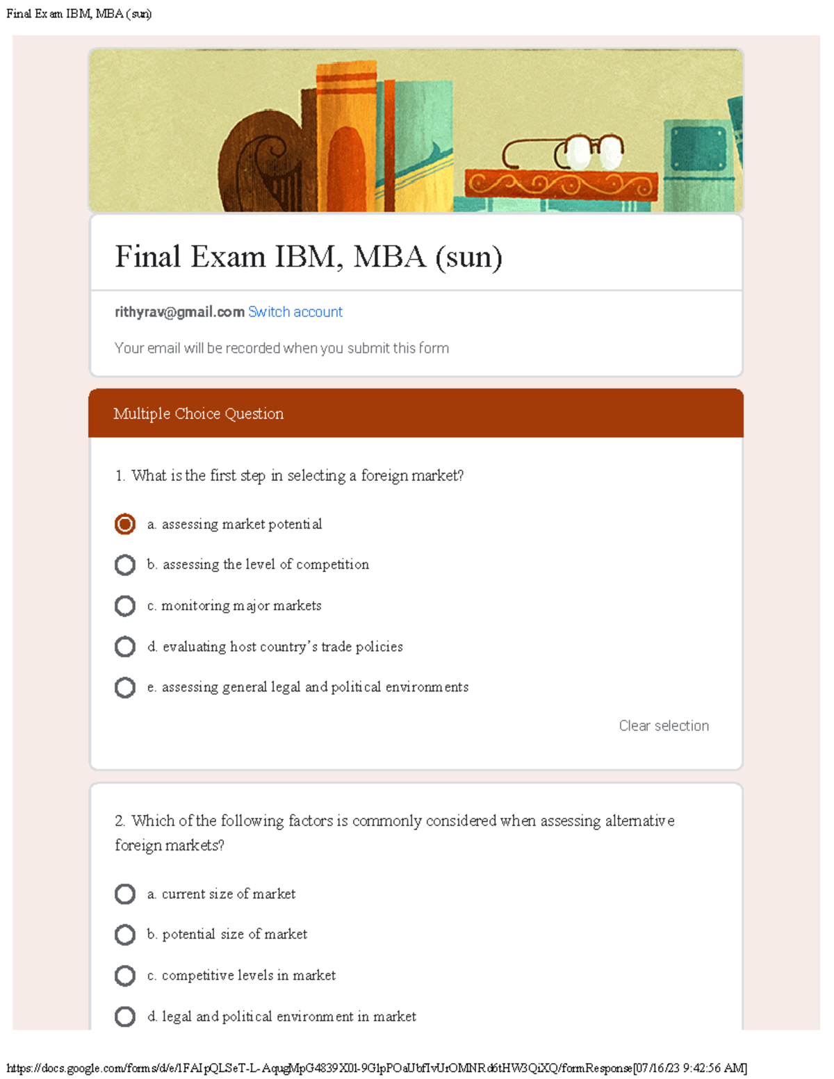 Final Exam IBM, MBA (sun) - Multiple Choice Question a. assessing ...