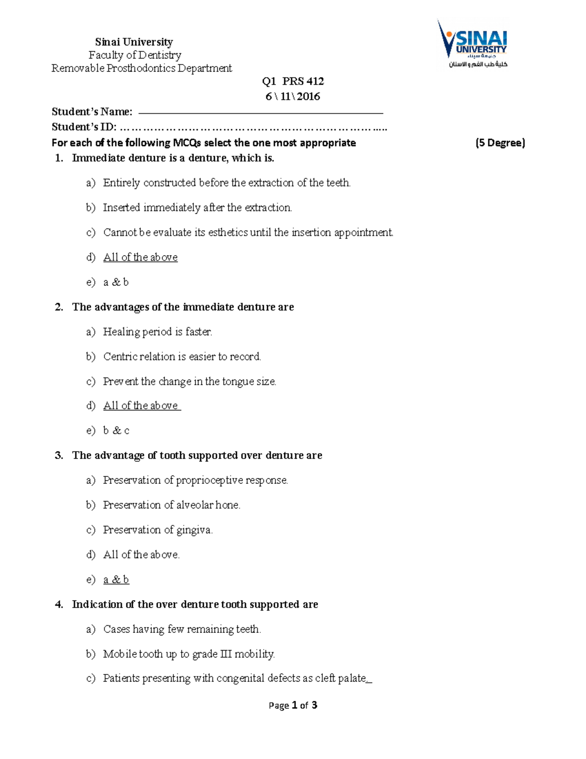 Q1 C2 Fall 2016 Removable prosthodontics Sinai University Faculty