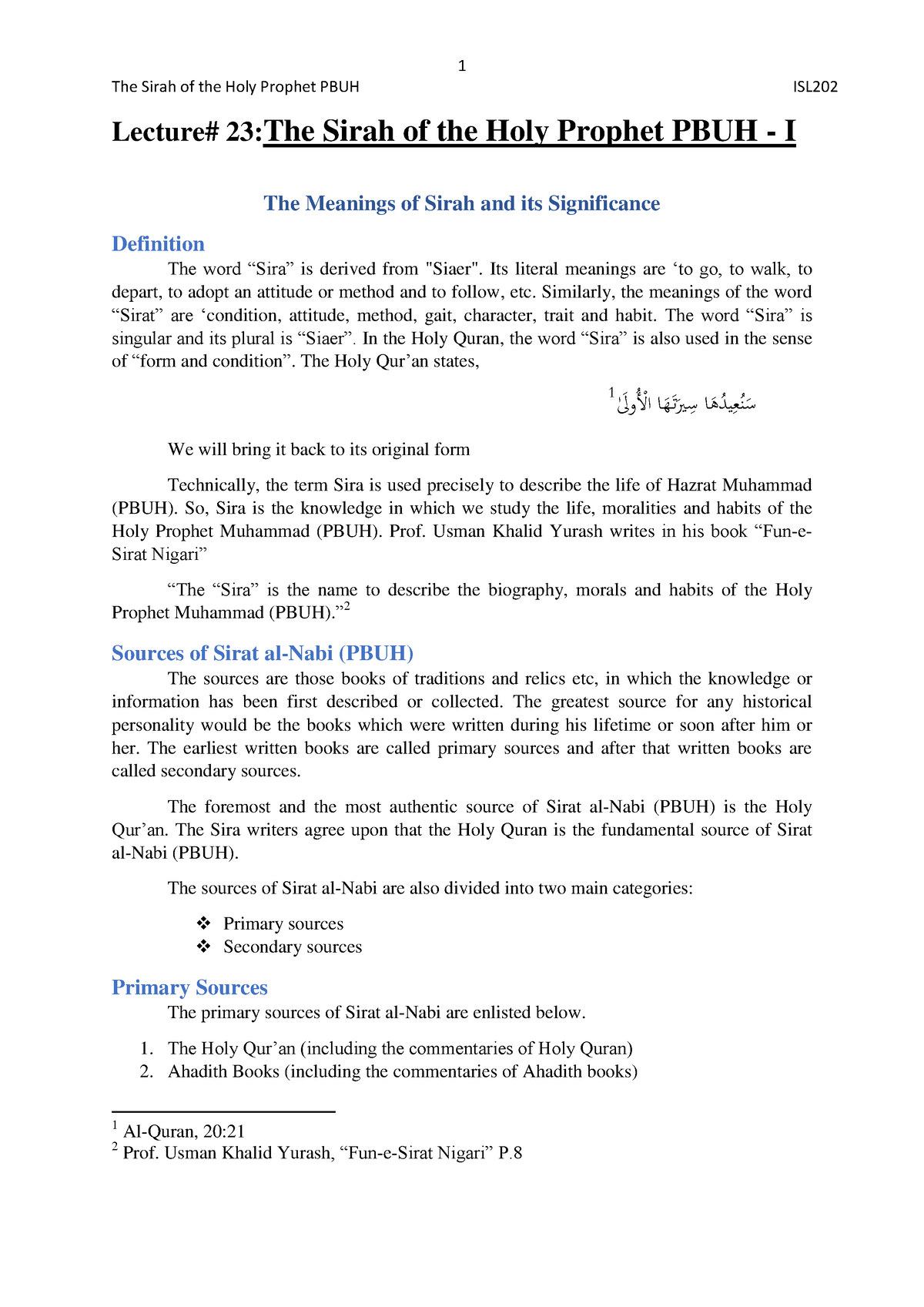 23. The Sirah Of The Holy Prophet PBUH - I (Handouts) - The Sirah Of ...