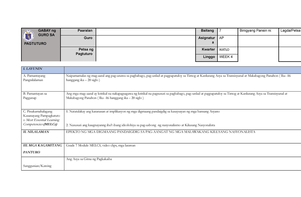 Gabay SA GURO-Q3-W4 - Lesson Guide - GABAY Ng GURO SA PAGTUTURO ...