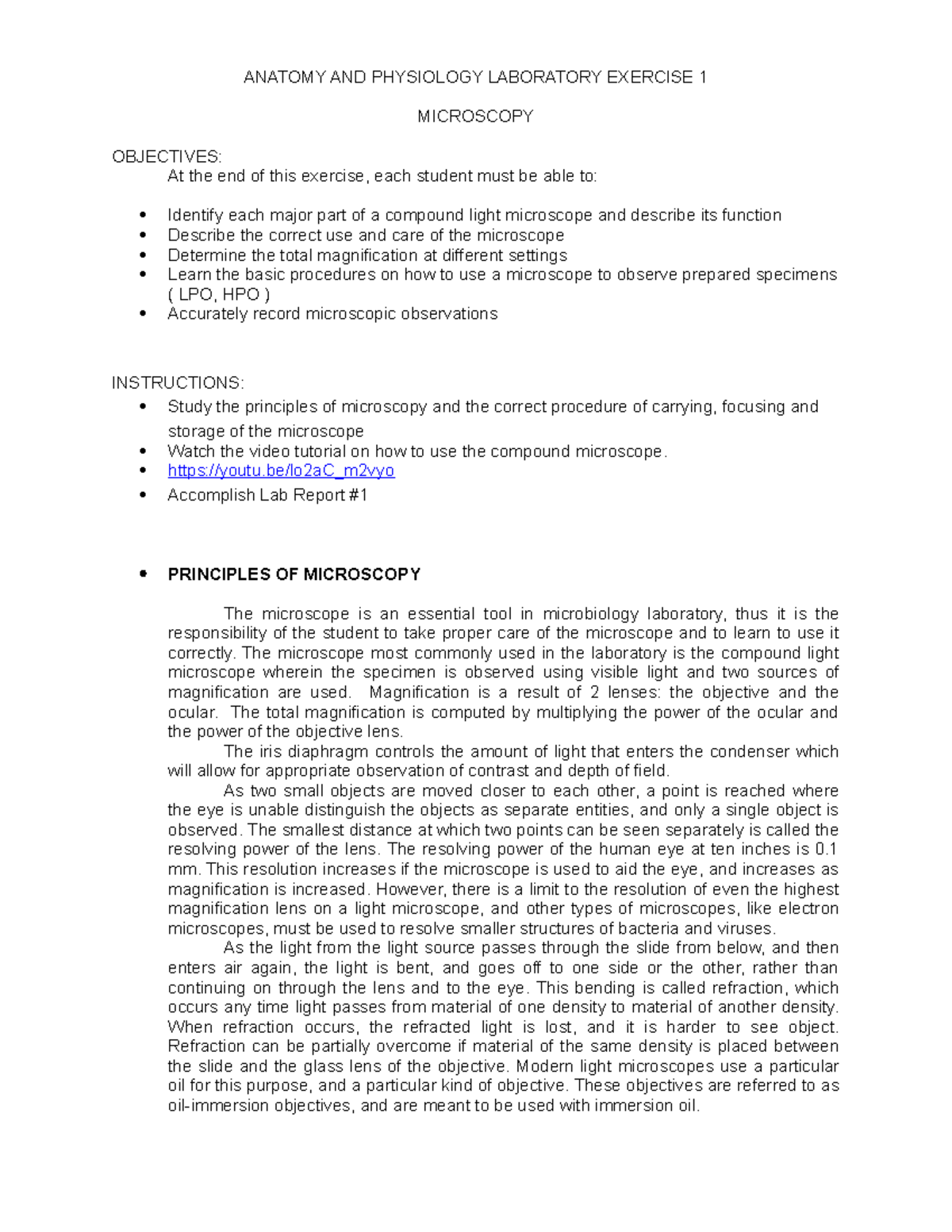 LAB Exercise 1 Microscopy ANATOMY AND PHYSIOLOGY LABORATORY EXERCISE