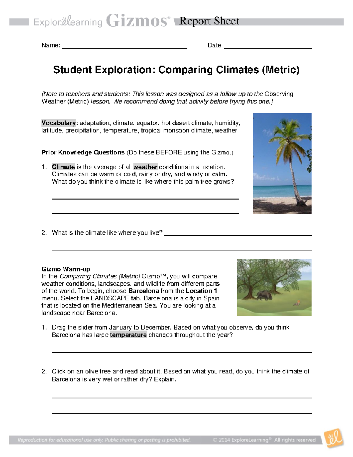 Topic 8- Comparing Climates Report - Report Sheet Name: Date: Student ...