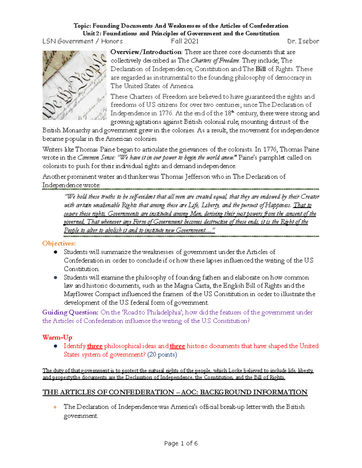 Founding DocumentsWeaknesses of The A.O.CFall 2021 Unit 2 Foundations and Principles of