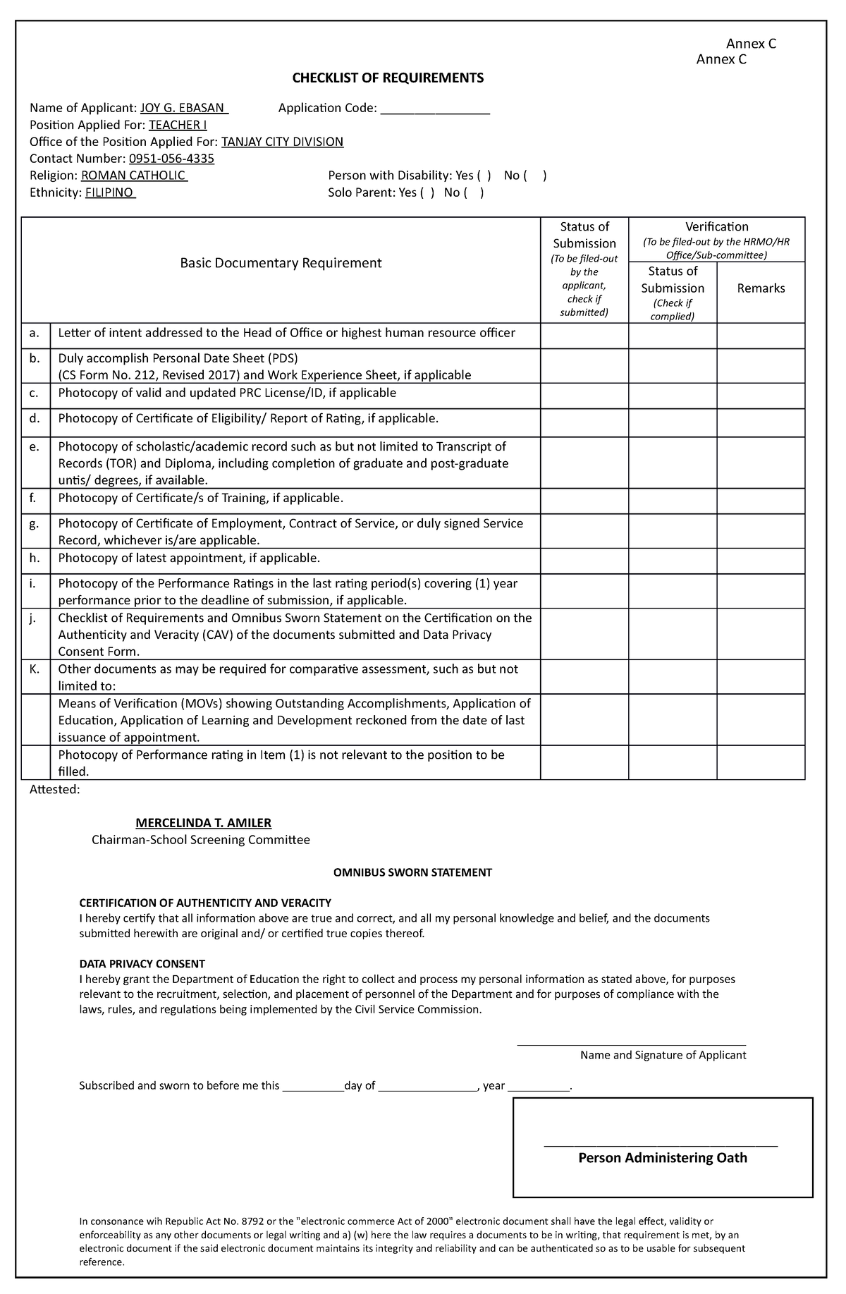 Checklist-OF- Requirements - Annex C CHECKLIST OF REQUIREMENTS Name Of ...