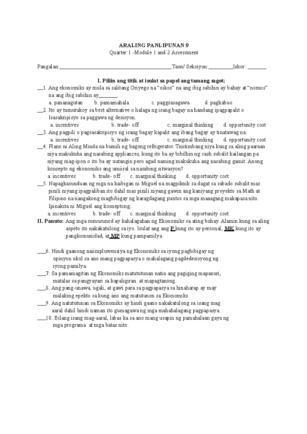 Q1 Assessment 1 1 - ARALING PANLIPUNAN 9 Quarter 1 -Module 1 And 2 ...