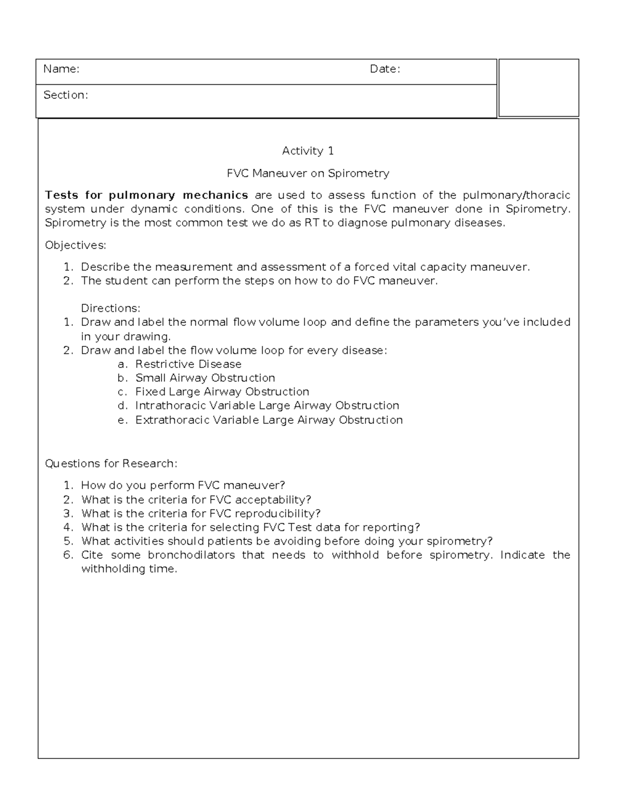 Activity 1 FVC Maneuver - Name: Date: Section: Activity 1 FVC Maneuver ...