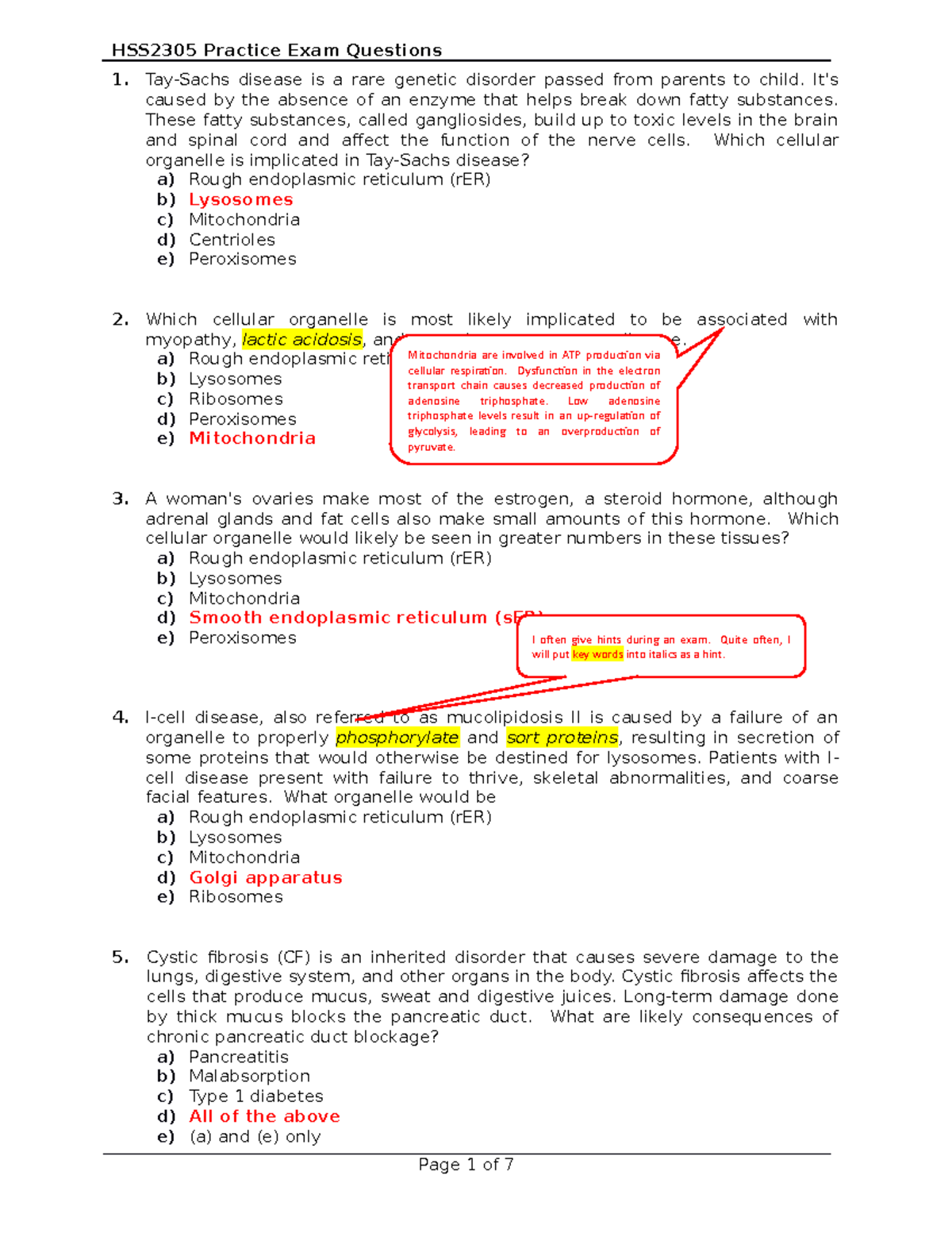 HSS2305 - Practice Exam Question Answers part 1 - 1. Tay-Sachs disease ...