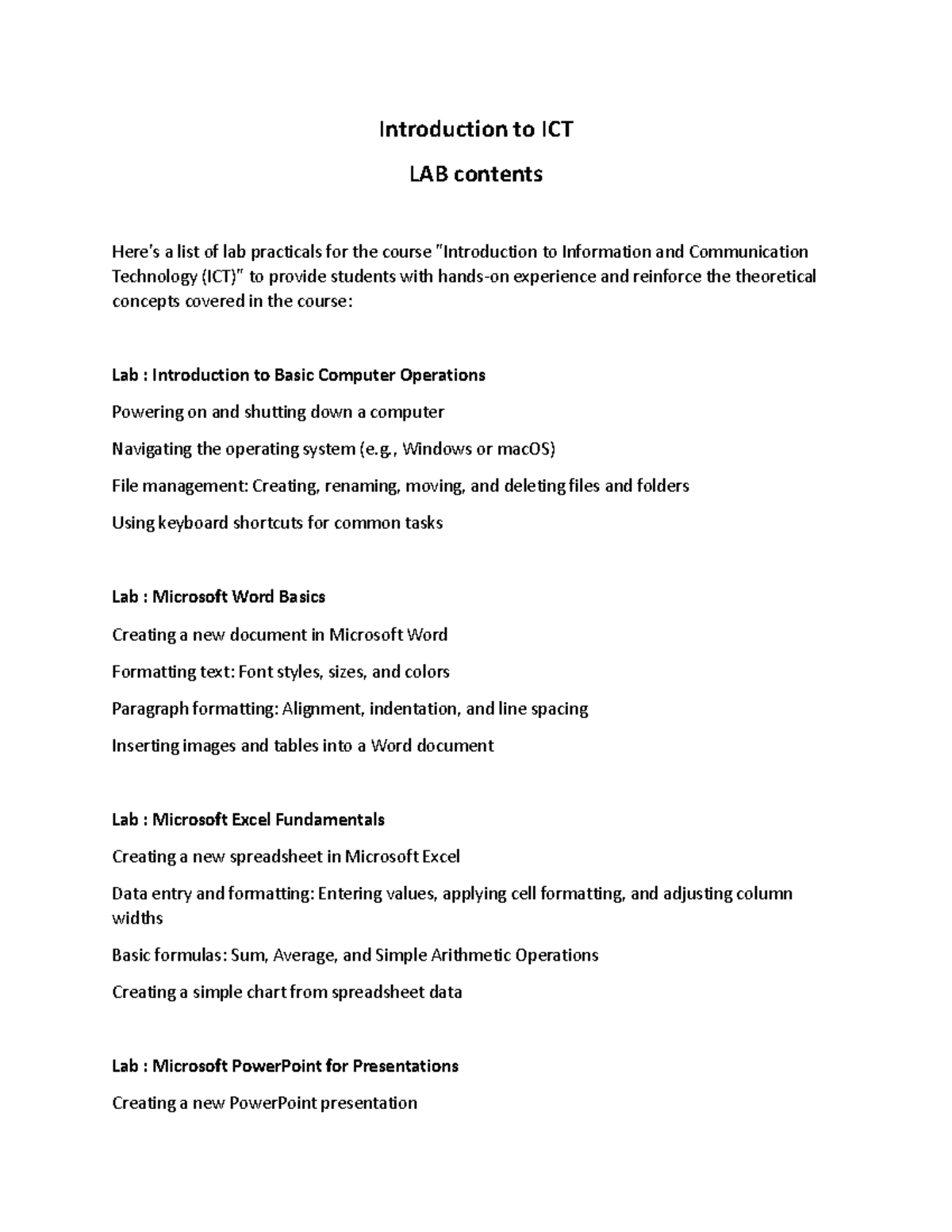 ICT lab contents mannual of lab course Introduction to ICT LAB