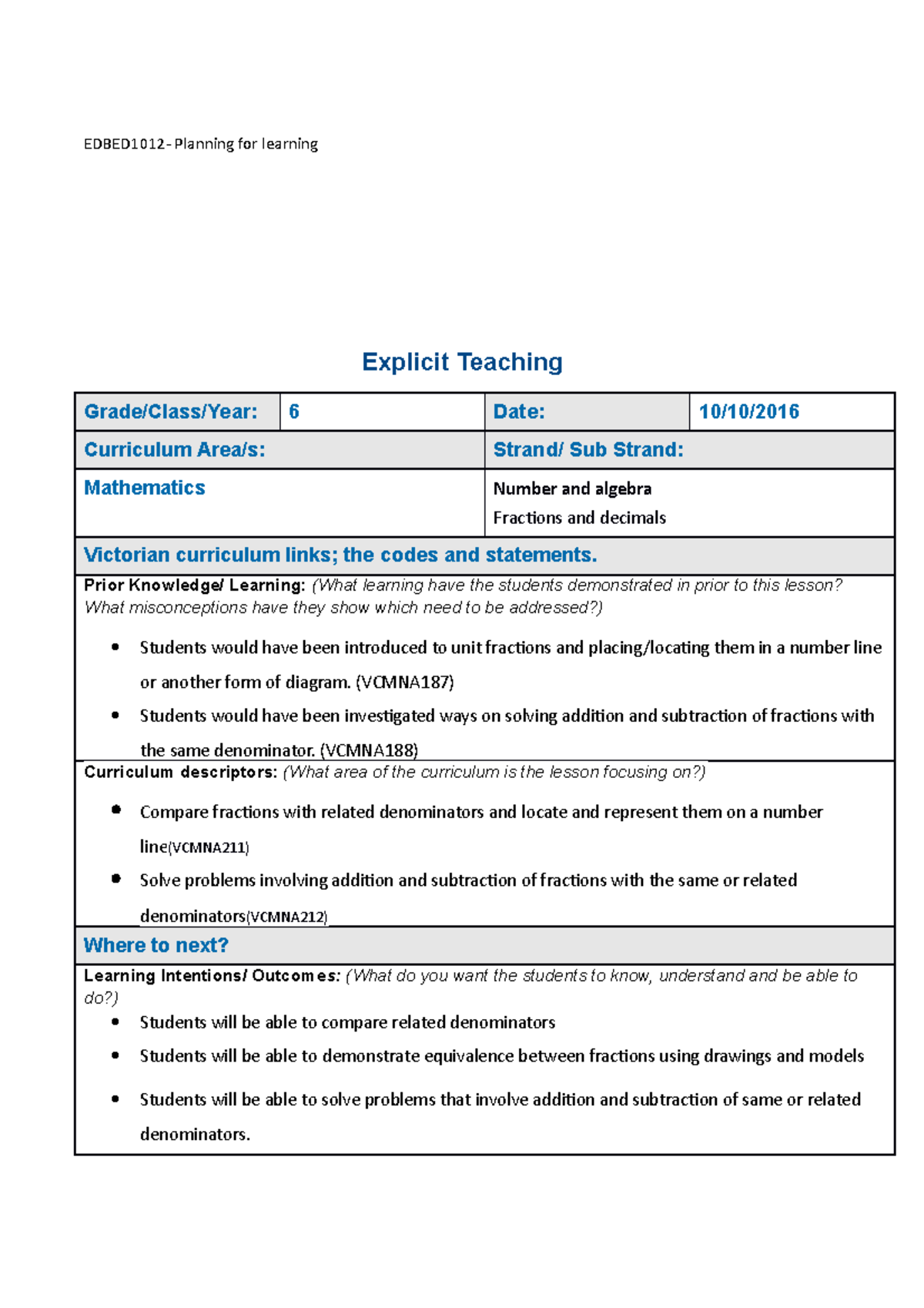 Mathematics - EDBED1012- Planning for learning Explicit Teaching Grade ...